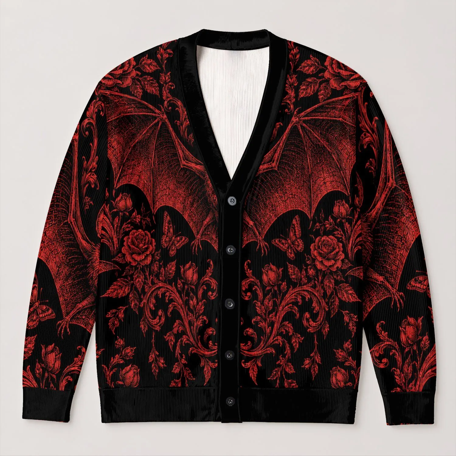 Gothic Red Bat and Rose Crescent Moon for Halloween Nights and Dark Academia Teens All-over Print Knitted Cardigan - 1