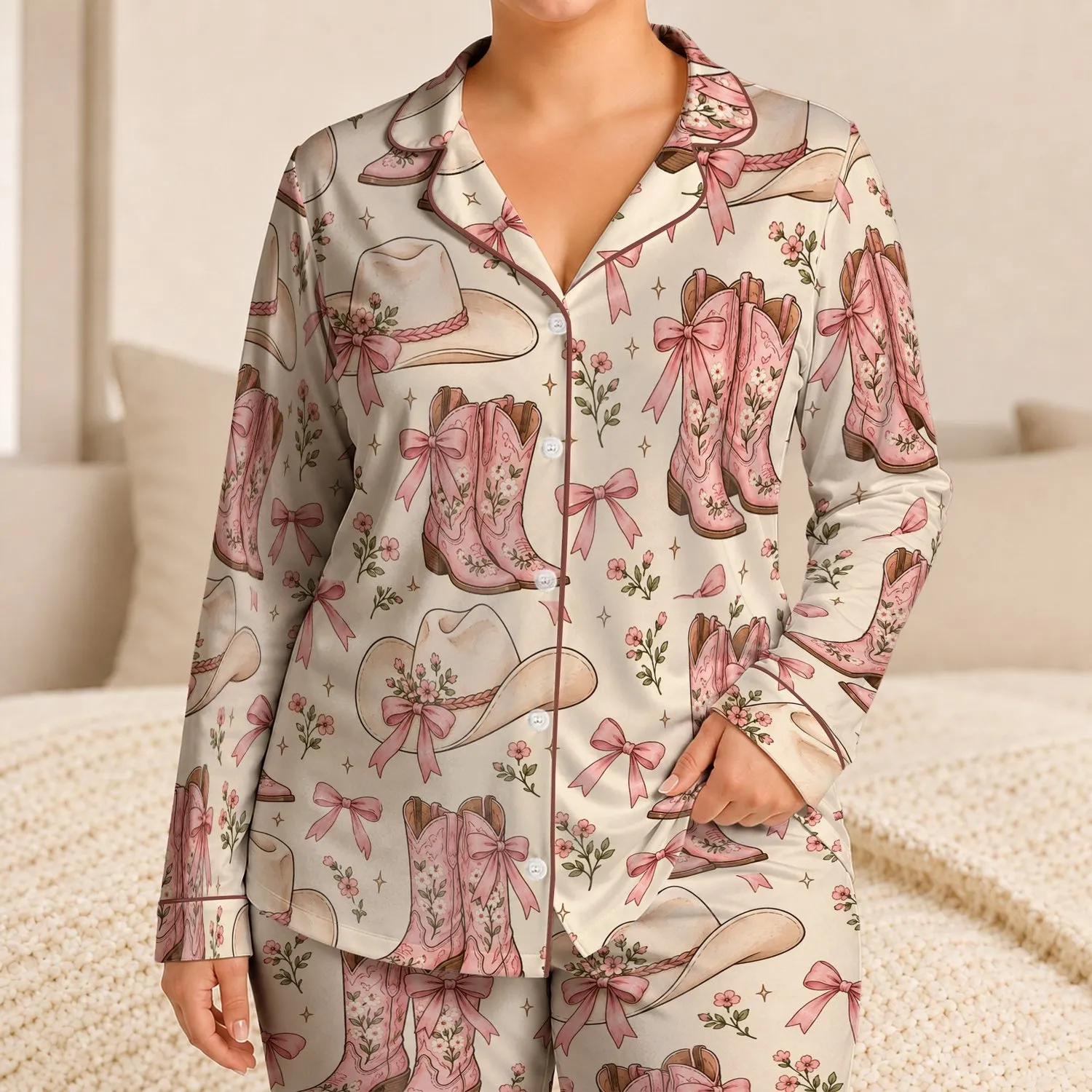 Pink Bow Cowboy Boots And Hats For Cozy Western-Inspired Lounging Satin Pajamas Set - 1