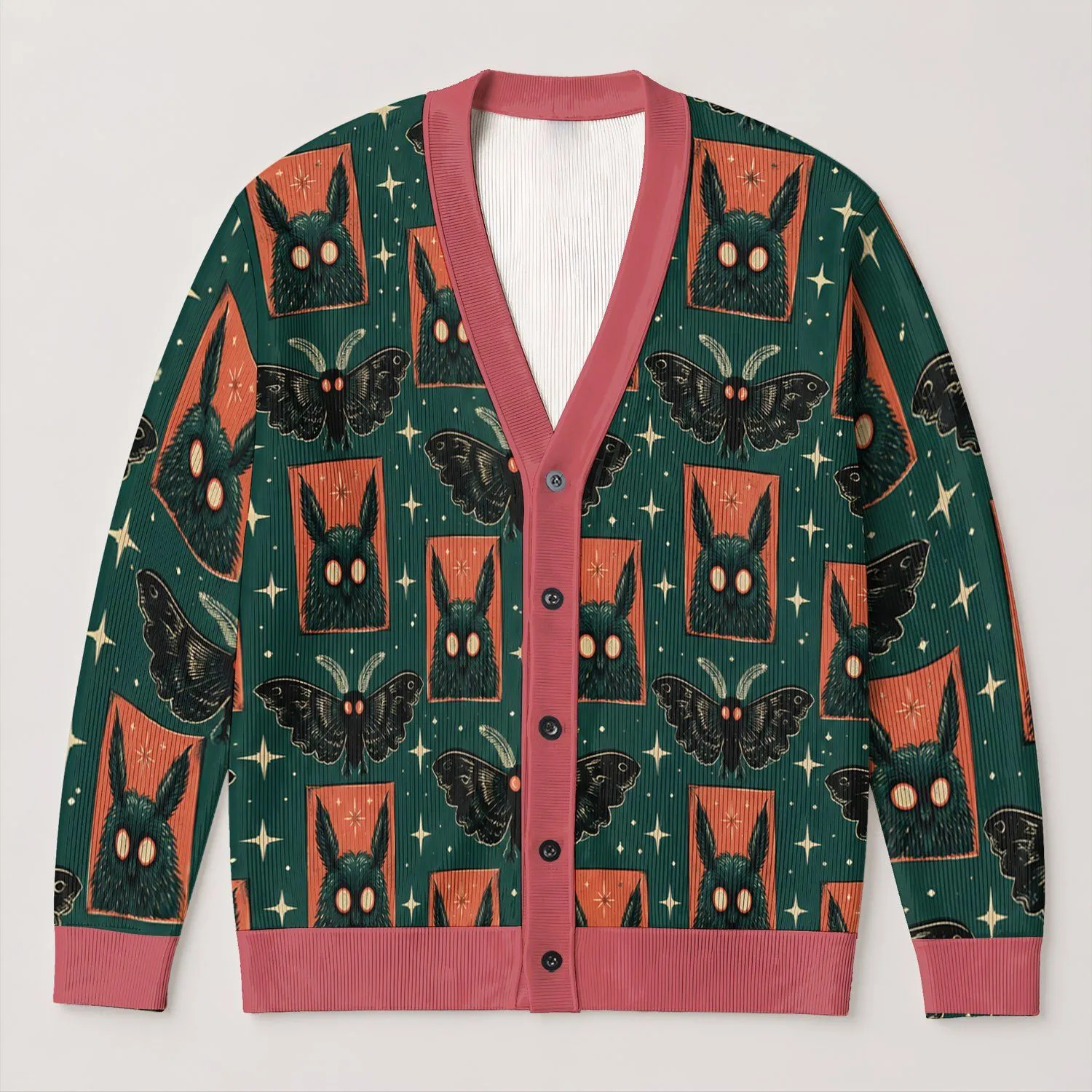 Retro Mothman And Cryptid Night Sky For Halloween Fans And Fall Outings All-over Print Knitted Cardigan - 1