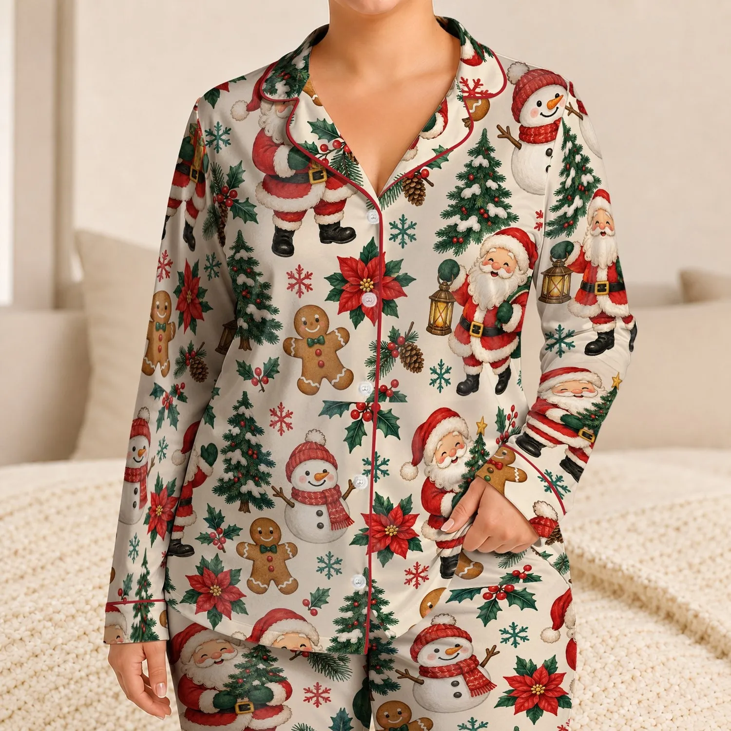 Santa Gingerbread Snowman Holiday Cheer for Christmas Eve Family Gatherings Satin Pajamas Set - 1