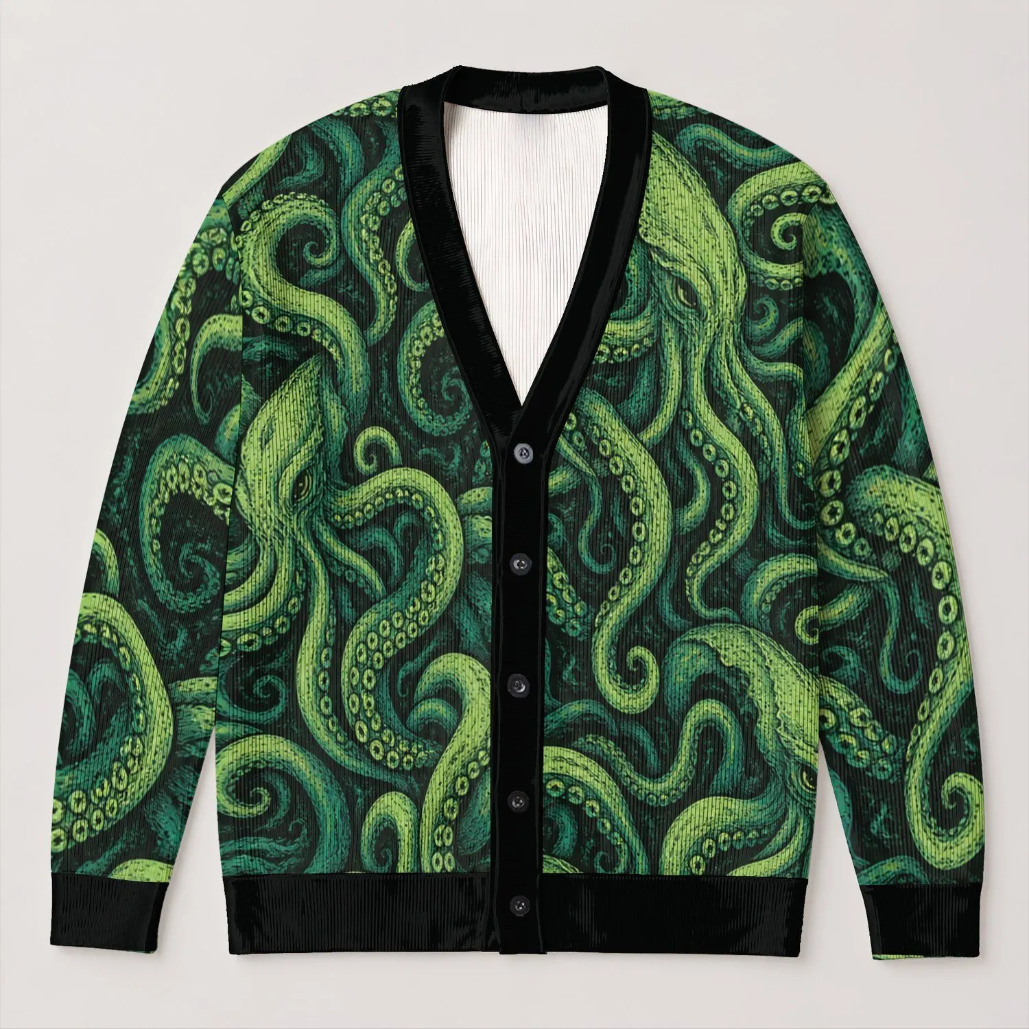 Neon Green Cosmic Tentacles for Bold Everyday Alternative Style All-over Print Knitted Cardigan - 1