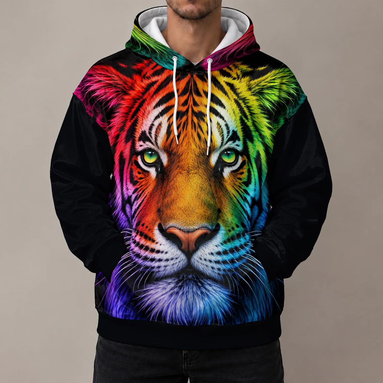 Rainbow Tiger Face for Bold Weekend Lounging and Colorful Casual Style at Home All-over Print Hoodie (Lightweight) - 1