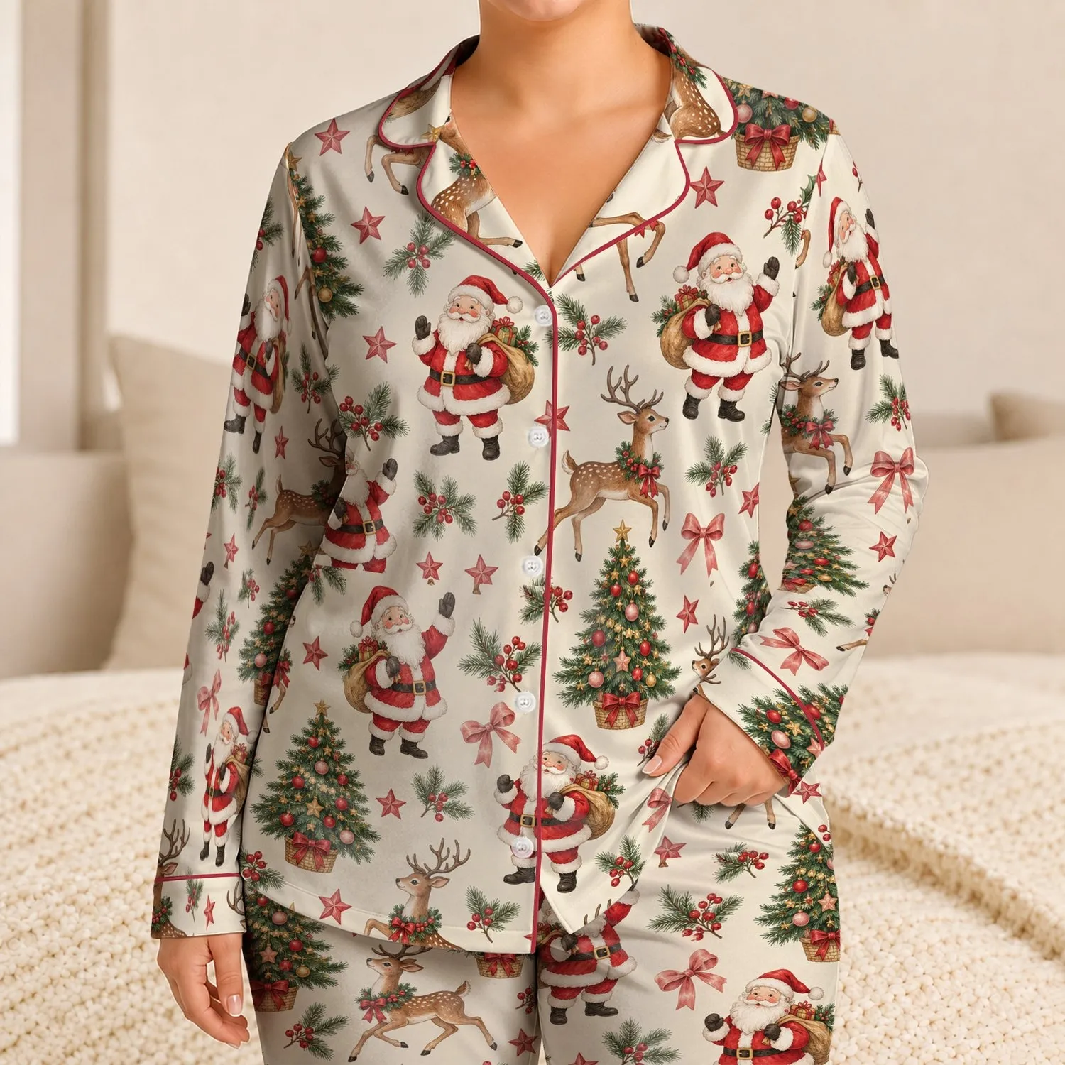Santa Reindeer Christmas Trees for Cozy Holiday Gatherings and Relaxing at Home Women Satin Pajamas Set - 1