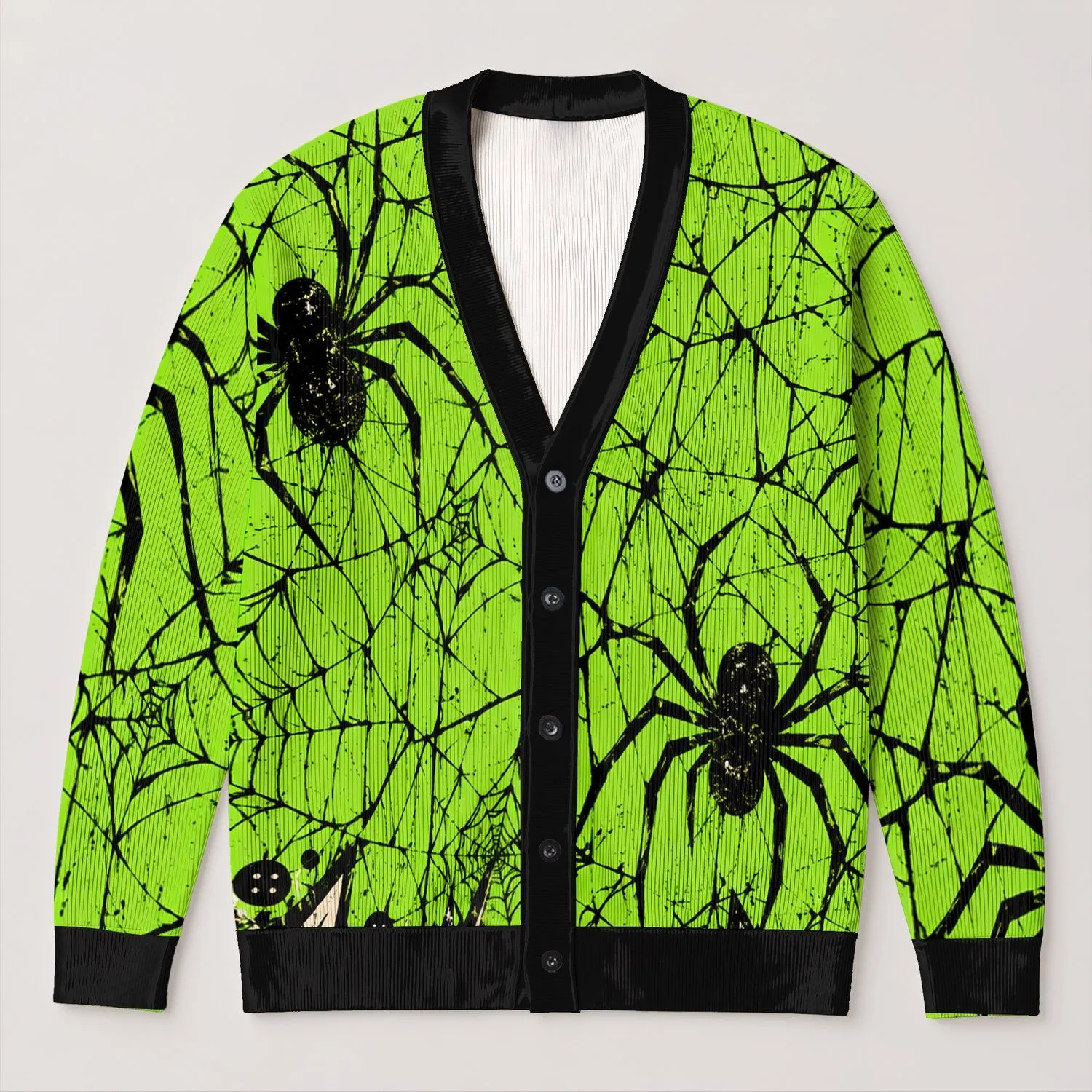 Neon Green Spiderweb Punk Style for Halloween Nights and Everyday Alternative Wear All-over Print Knitted Cardigan - 1