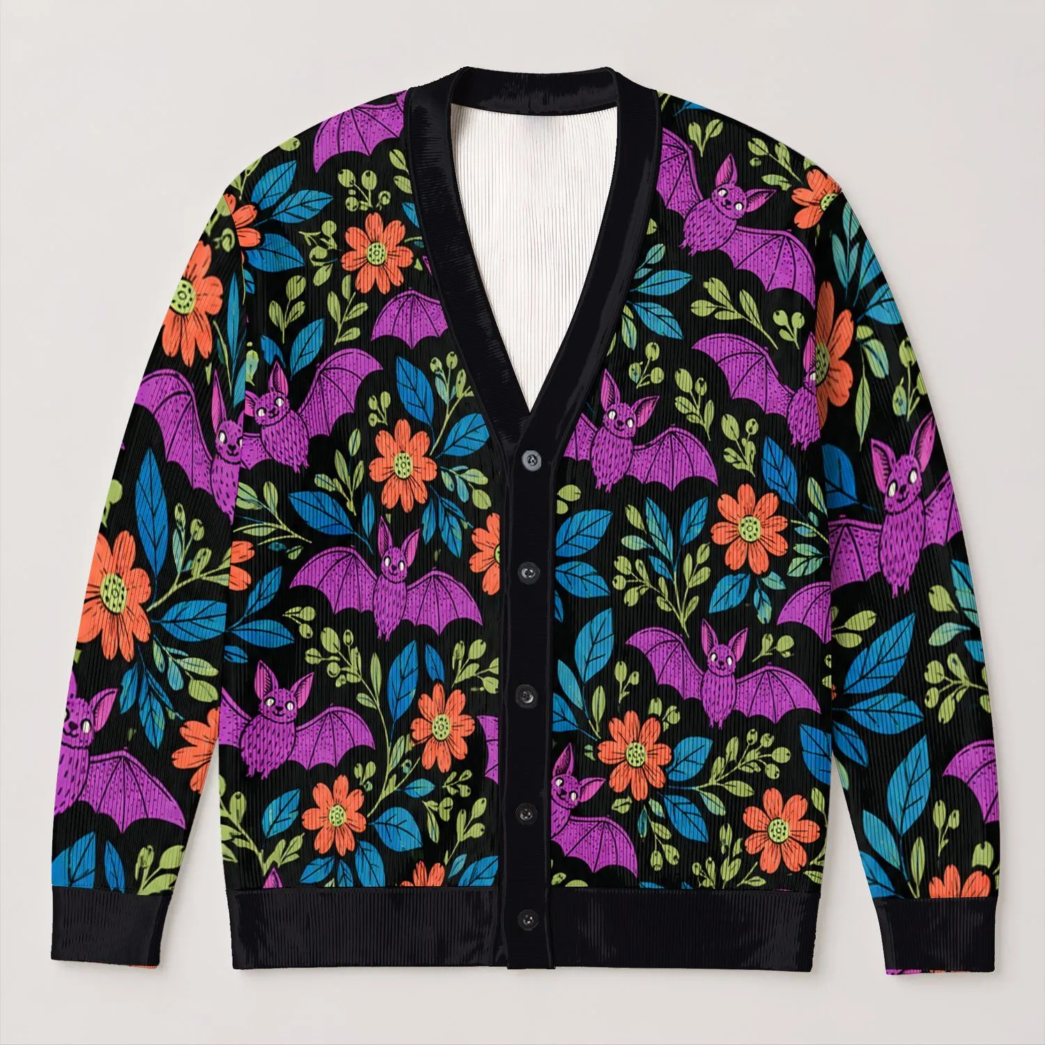 Cute Purple Bats And Colorful Flowers For Halloween Fall Outfits All-over Print Knitted Cardigan - 1