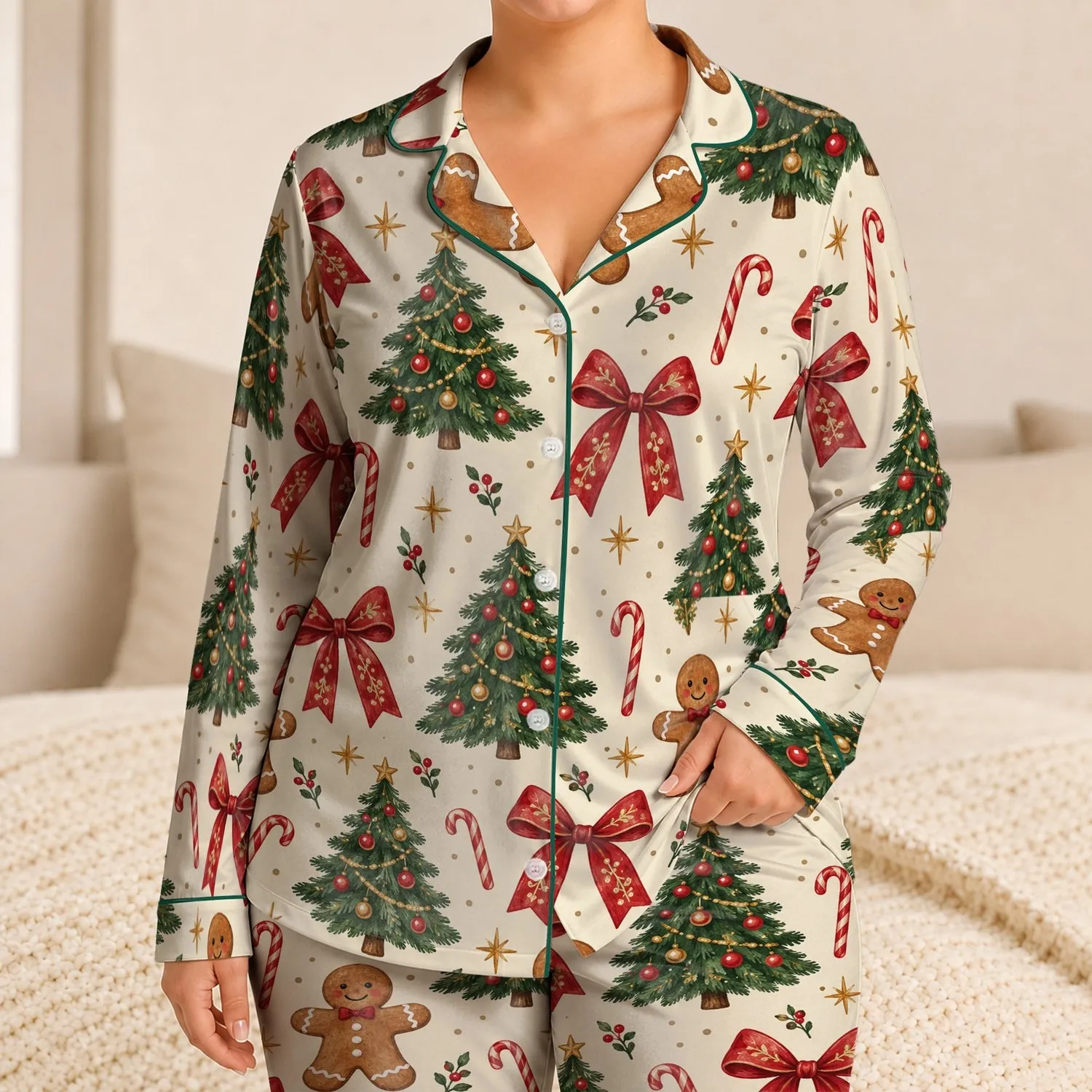 Gingerbread Men, Christmas Trees & Bows for Cozy Christmas Eve Family Gatherings Satin Pajamas Set - 1