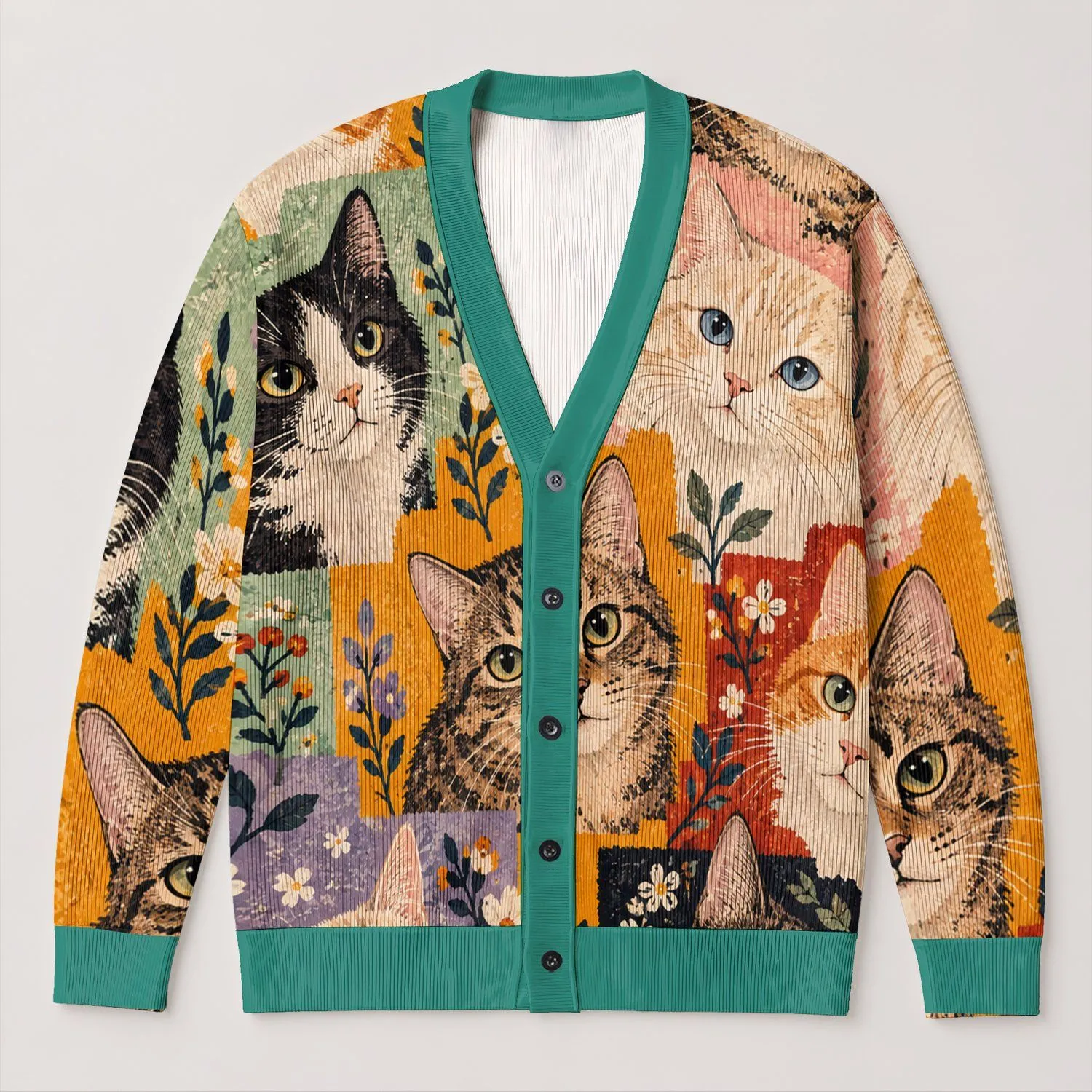 Colorful Crochet Style Cat Faces for Playful Everyday Layering and Cat Lovers All-over Print Knitted Cardigan - 1