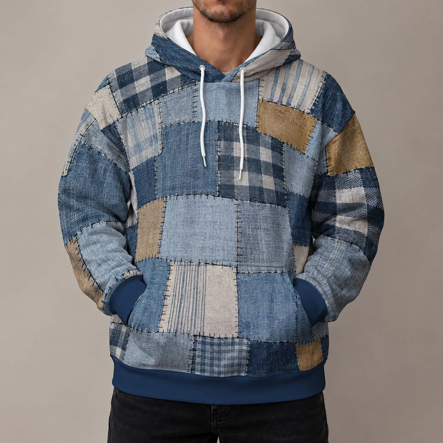 Blue Denim Patchwork Checks For Creative Weekends And Casual Wear Rust Accents All-over Print Hoodie (Lightweight) - 1