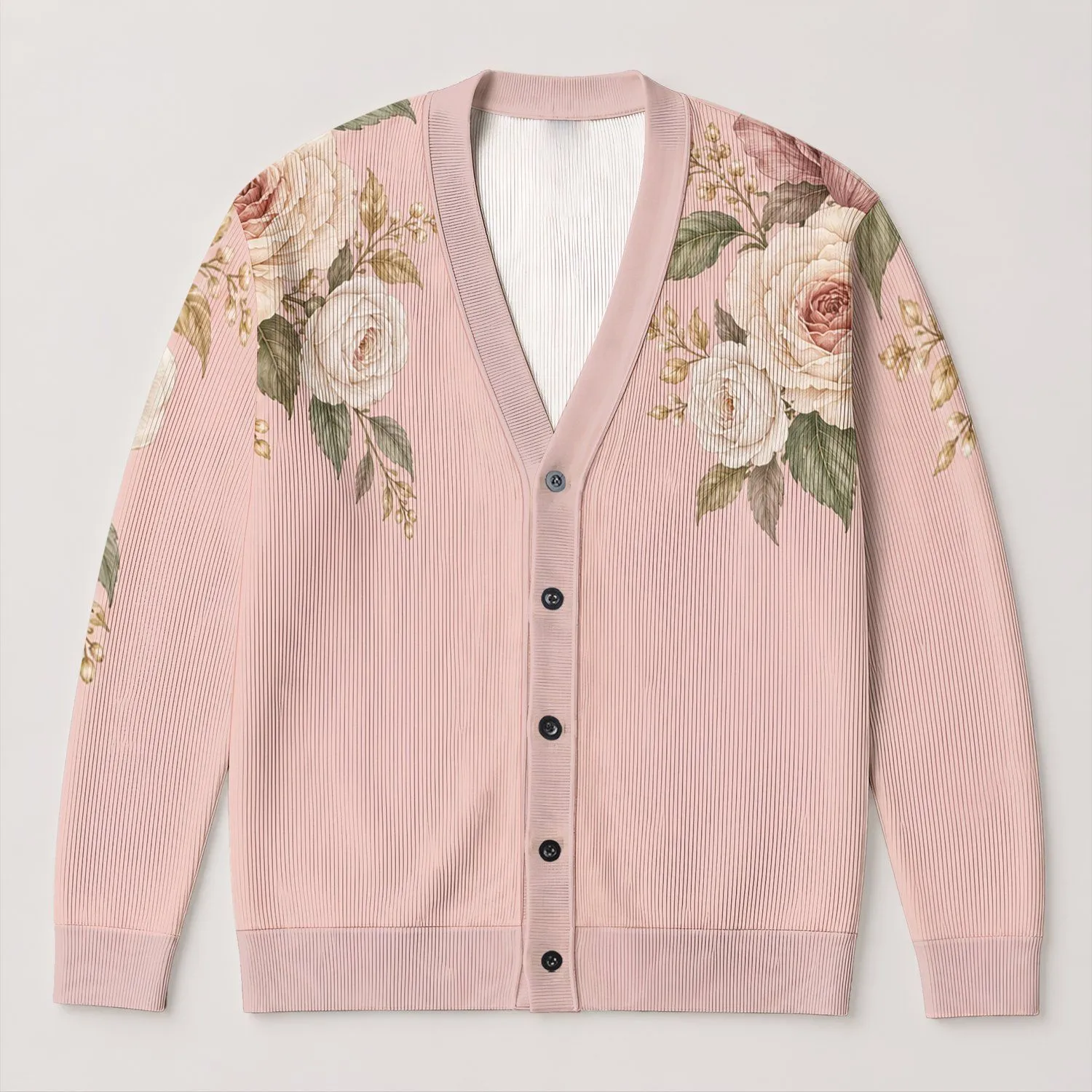 Blush Rose And Wildflower Sprigs For Soft Everyday Style And Youthful Spring Outfits All-over Print Knitted Cardigan - 1
