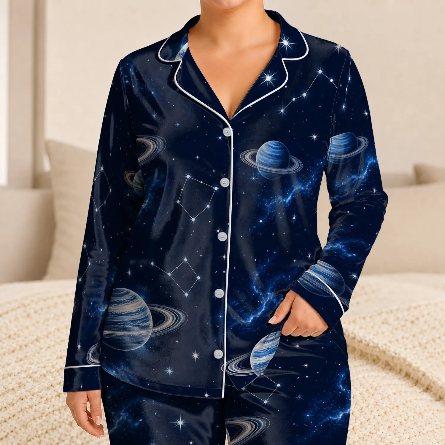 Midnight Navy Ringed Planet Night Sky For Cozy Evenings, Gifts, And Relaxed Nights Satin Pajamas Set - 1