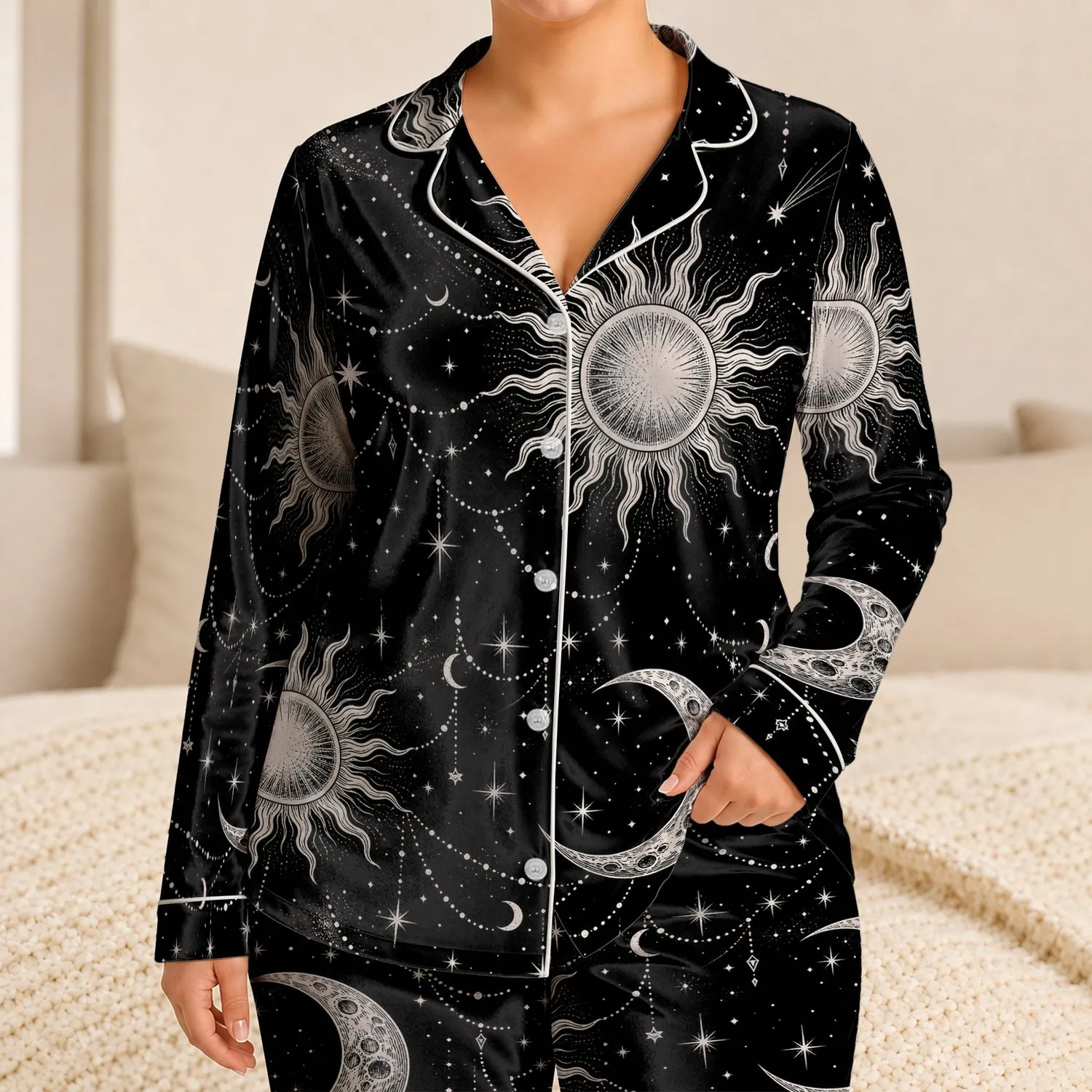 Celestial Moon And Sun Motifs For Cozy Home Evenings And Relaxed Nights For Women Satin Pajamas Set - 1