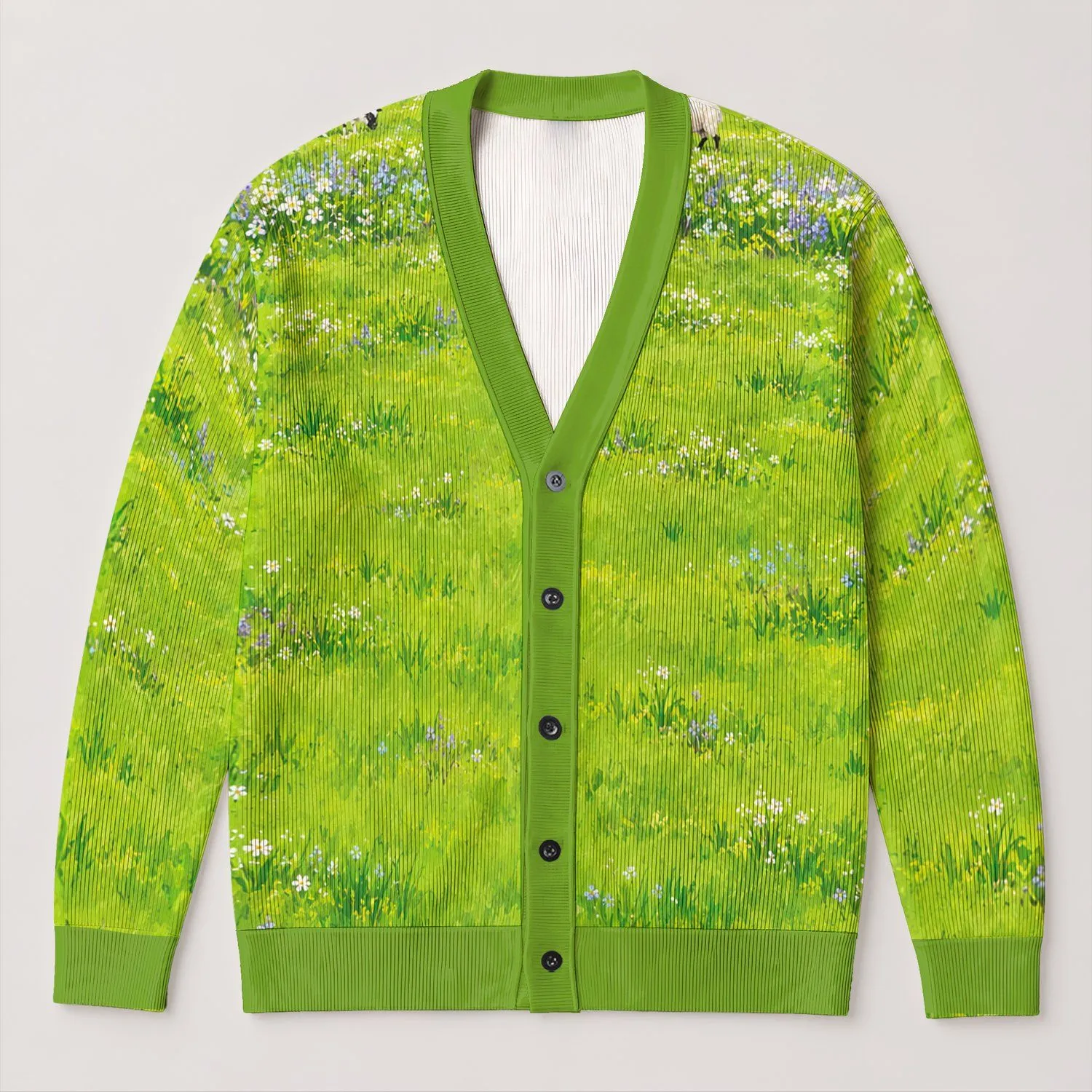 Sheep and Sheepdog Meadow Scene for Playful Everyday Layering and Youthful Style All-over Print Knitted Cardigan - 1