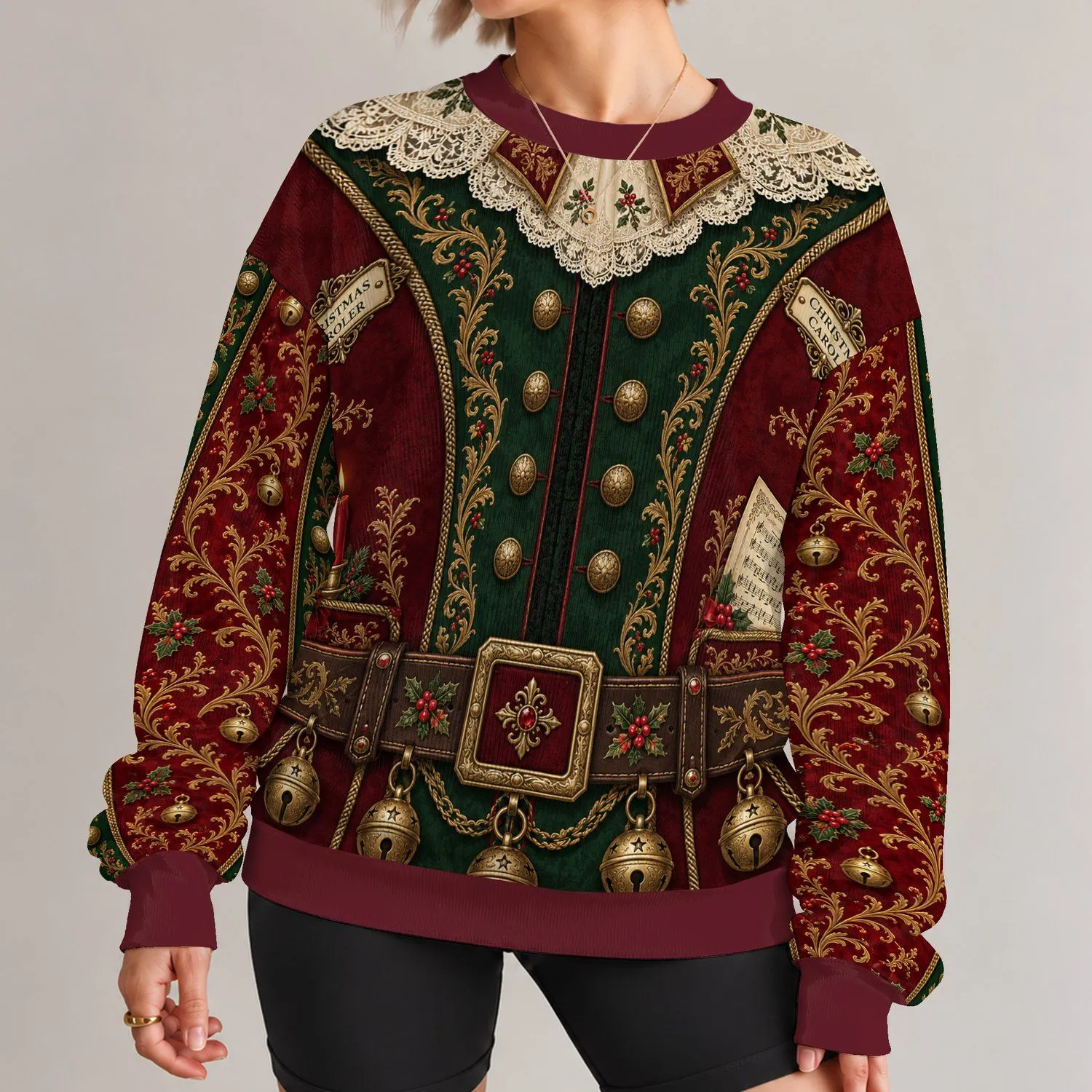 Victorian Christmas Caroler Outfit Details for Festive Holiday Celebrations All-over Print Knitted Sweater - 1