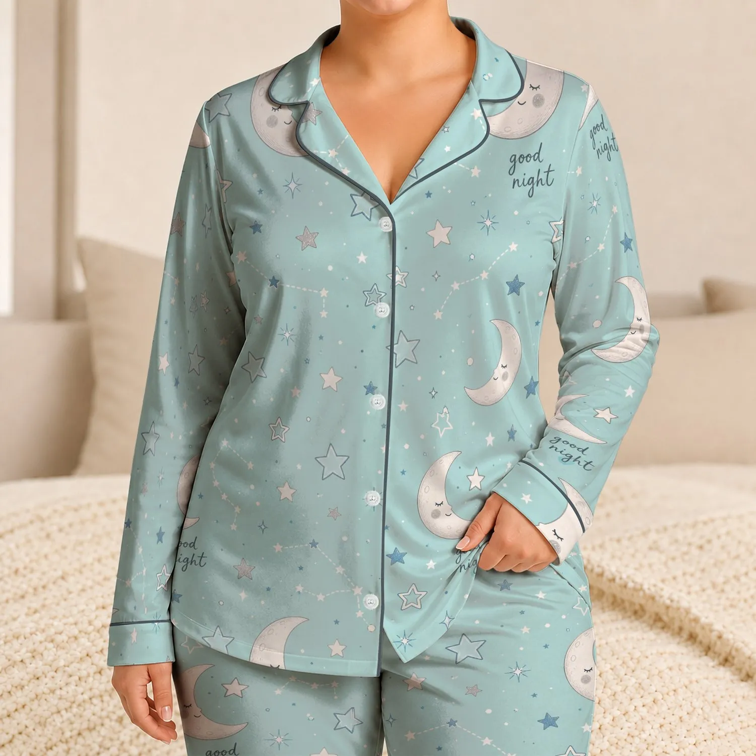 Celestial Moons And Stars For Cozy Bedtime Nights, Relaxed Evenings, Gift For Her Satin Pajamas Set - 1