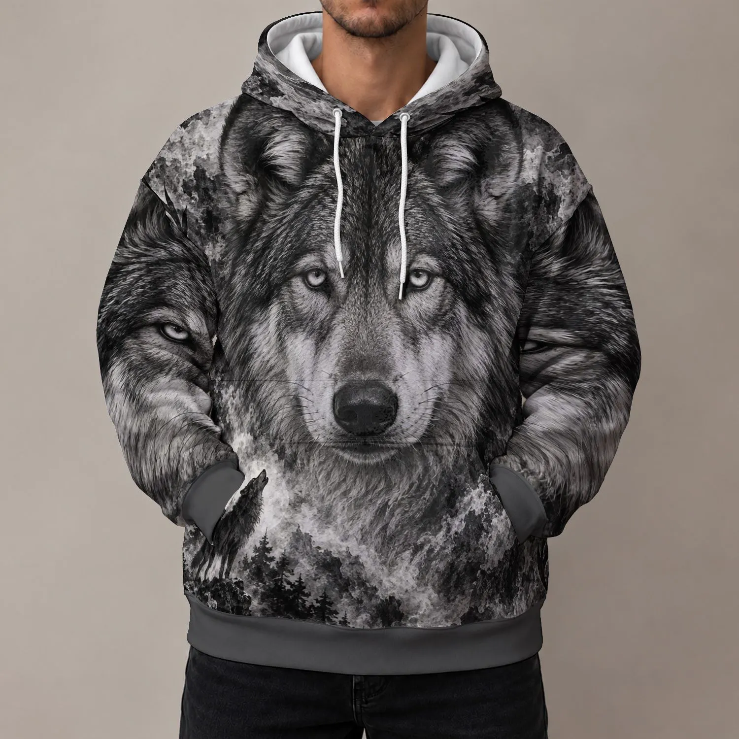 Realistic Wolf Portrait and Wilderness Scene for Outdoor Adventure and Nature Lovers All-over Print Hoodie (Lightweight) - 1