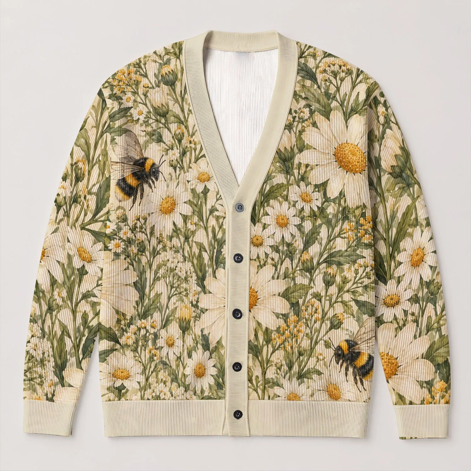 Daisy And Bumblebee Meadow For Sunny Garden Days And Youthful Everyday Style All-over Print Knitted Cardigan - 1