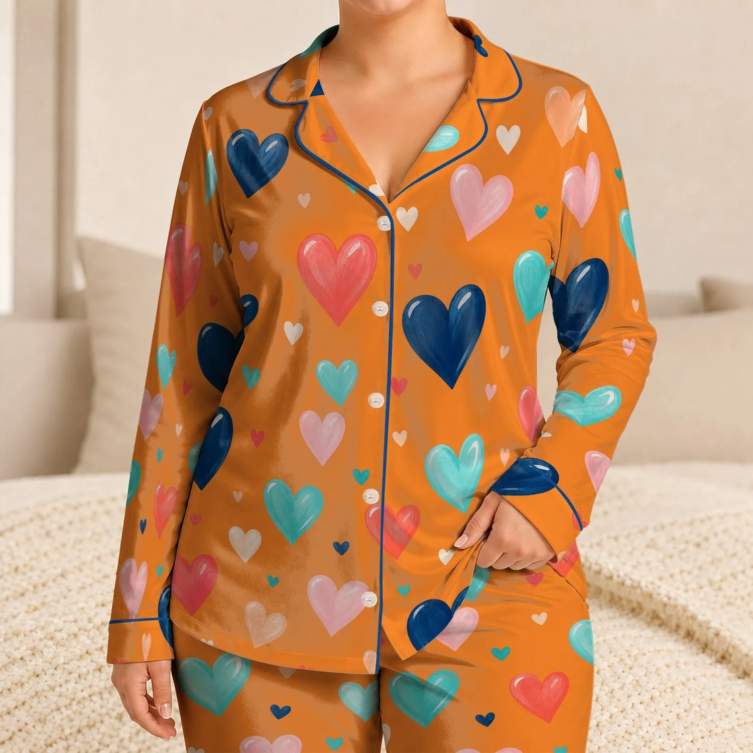 Tangerine Heart Confetti For Cozy Evenings And Relaxed At-Home Style For Her Gift Today Satin Pajamas Set - 1
