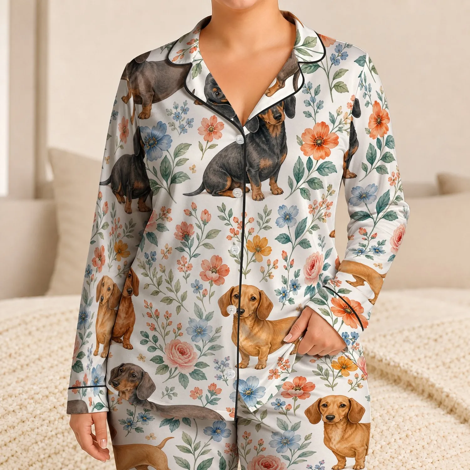 Cottagecore Dachshunds With Floral Sprigs For Cozy Giftable Lounging At Home All Day Satin Pajamas Set - 1