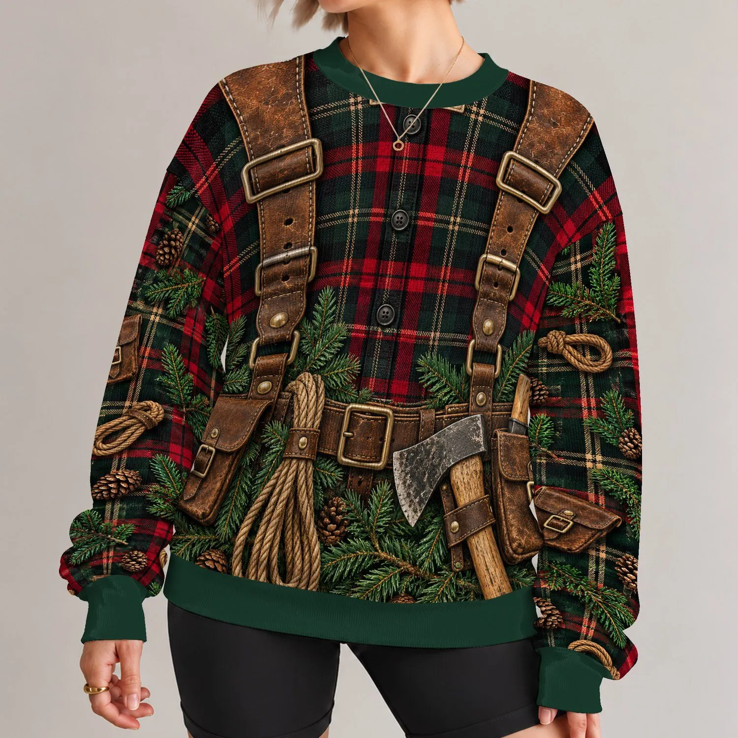 Plaid Lumberjack Tree Farm Outfit for Christmas Tree Cutting and Family Gatherings All-over Print Knitted Sweater - 1