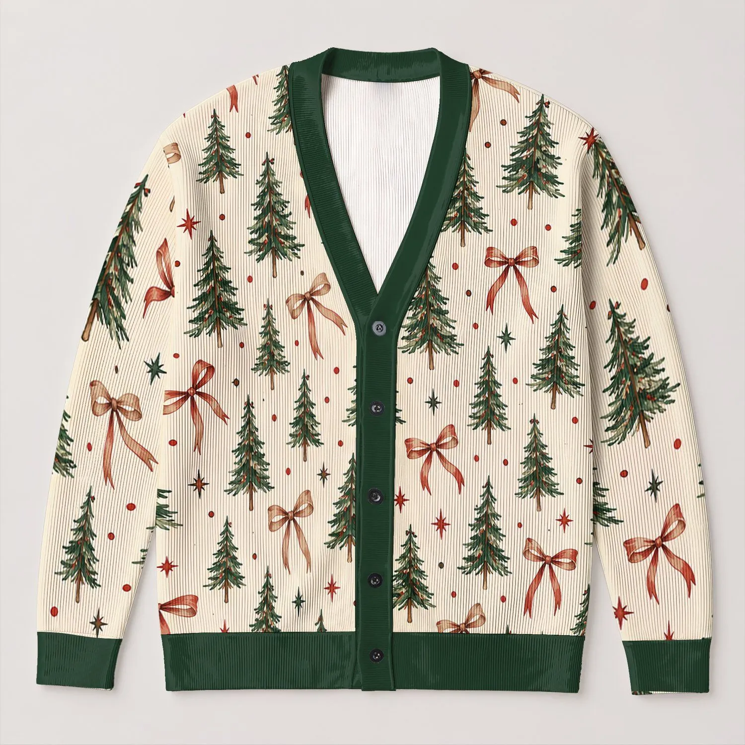 Evergreen Trees and Rustic Bows for Cozy Christmas Gatherings and Holiday Gift Giving All-over Print Knitted Cardigan - 1
