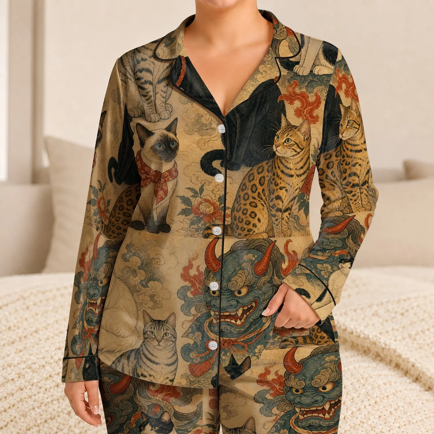 Vintage Ukiyo-E Cat Portrait Lounge Style for Cozy Nights, Gift for Cat Lovers Satin Pajamas Set - 1