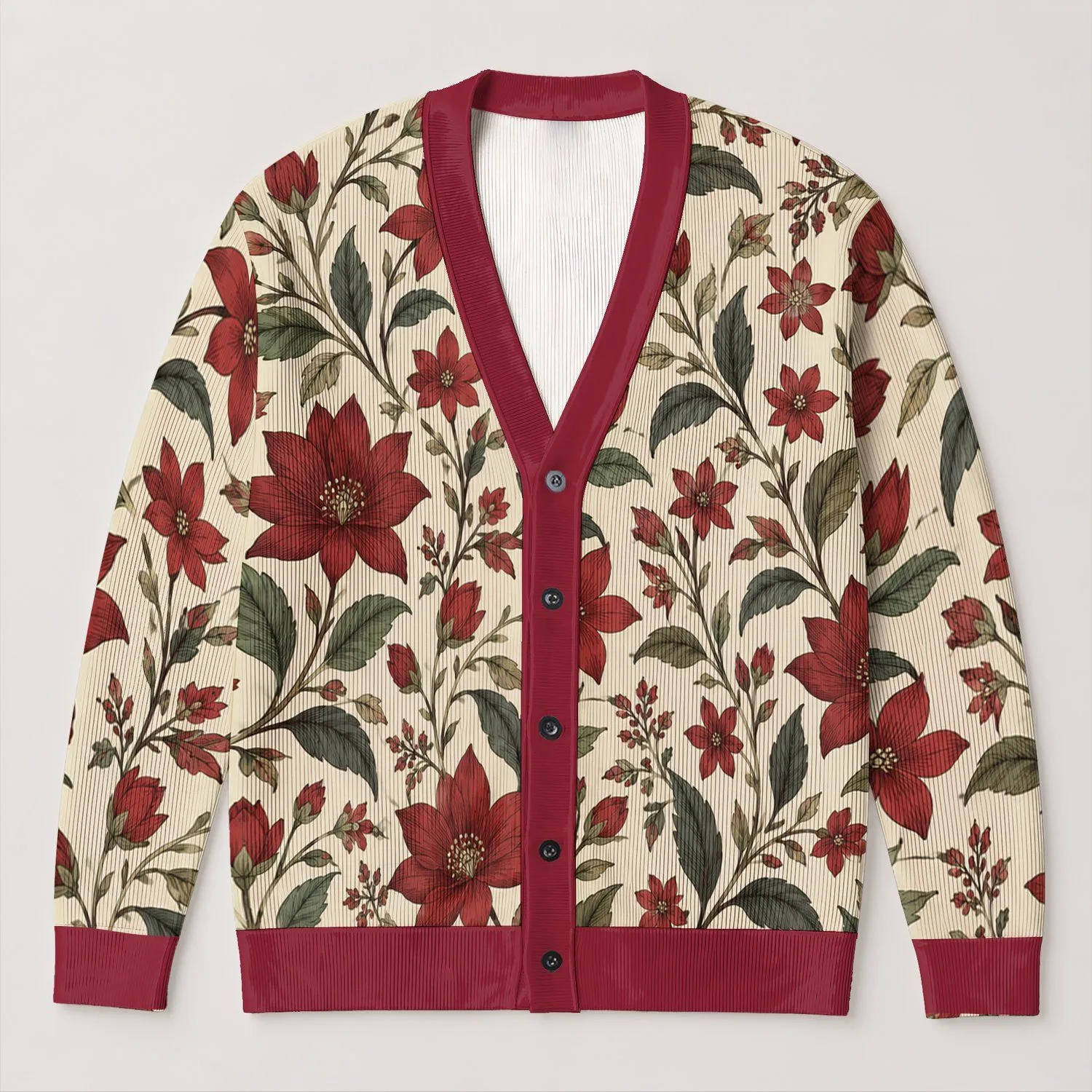Burgundy And Olive Botanical Florals For Relaxed Everyday Layering And Weekend Style All-over Print Knitted Cardigan - 1