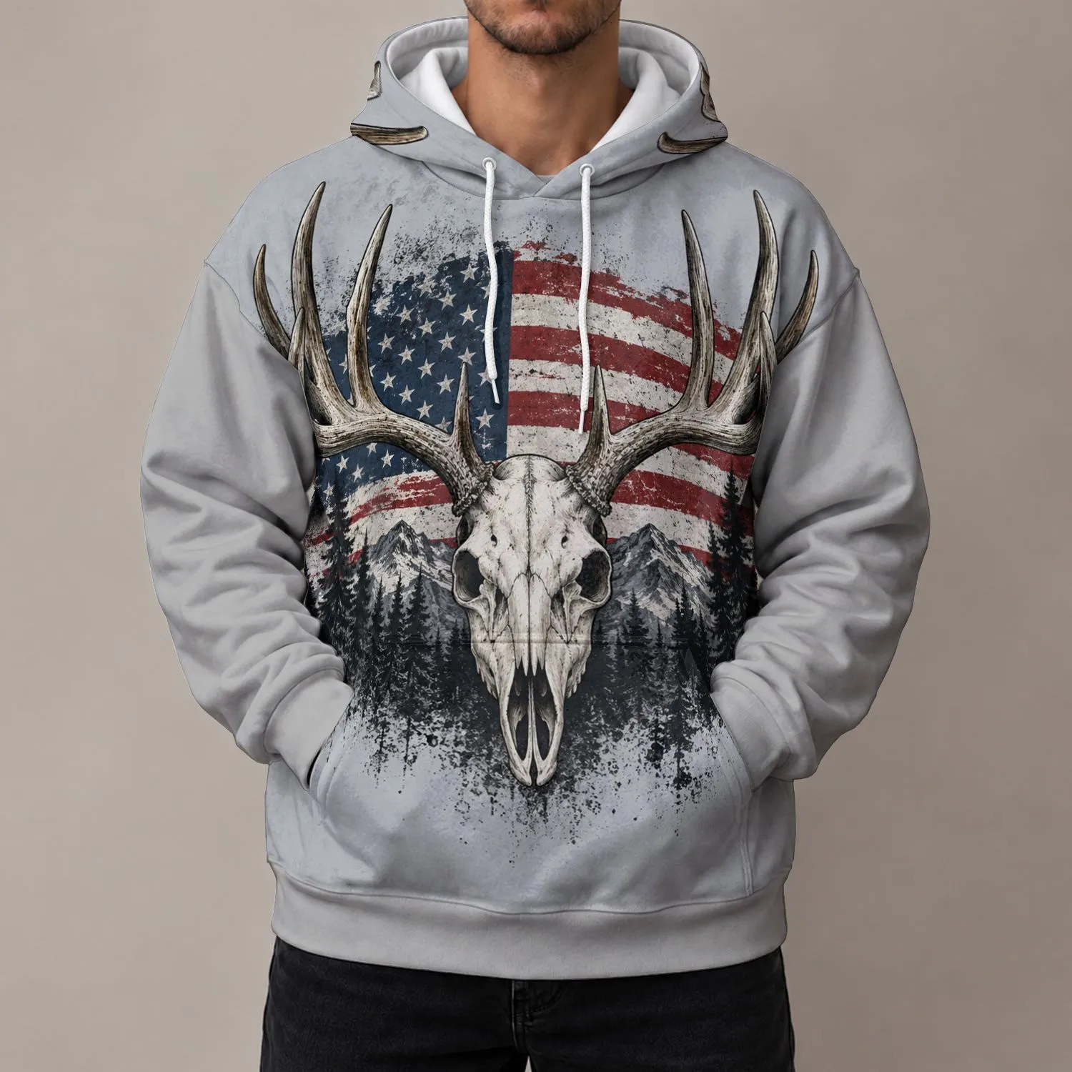 Deer Skull American Flag Forest Scene for Hunting, Camping and Outdoor Adventure All-over Print Hoodie (Lightweight) - 1
