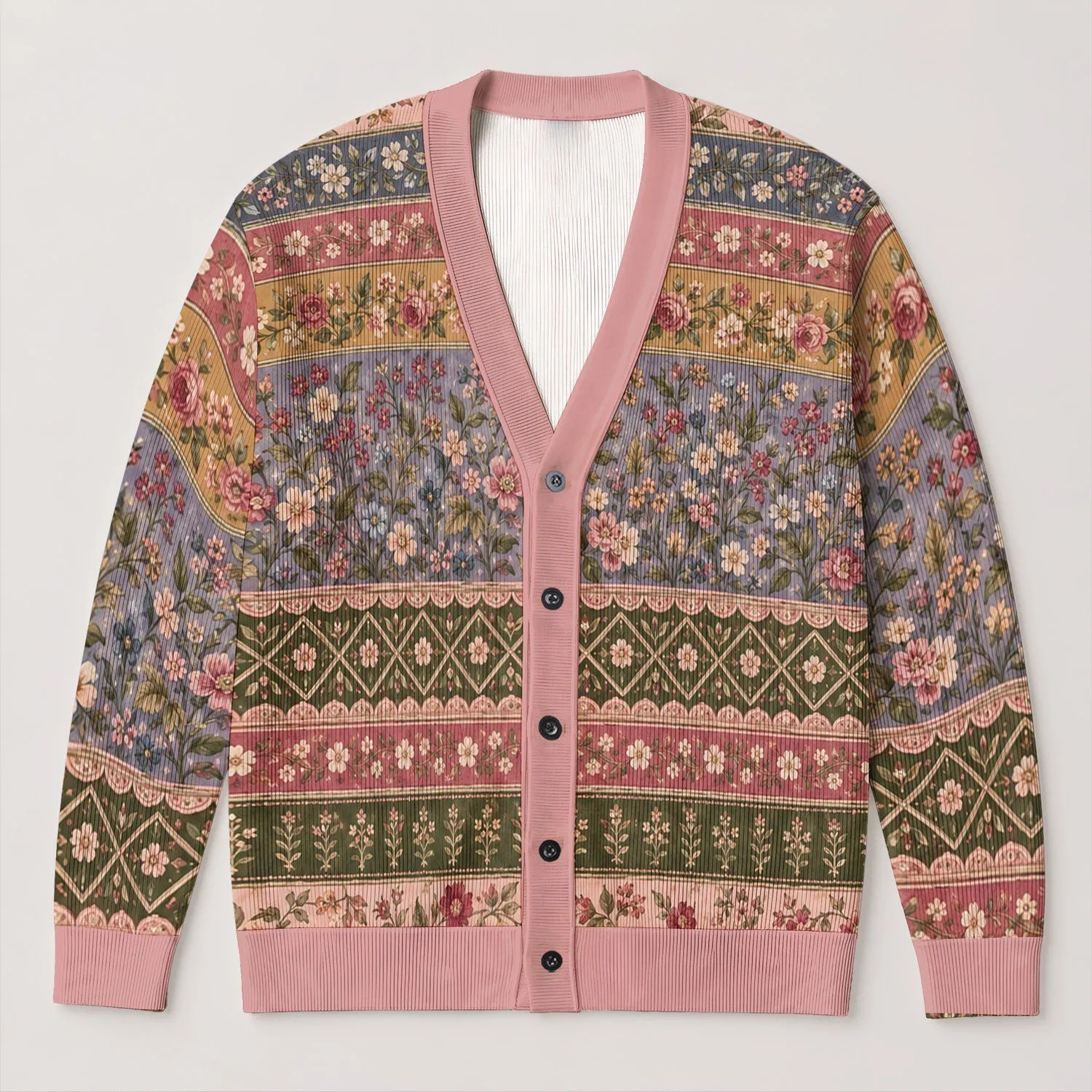 Vintage Floral Garden Bands For Romantic Everyday Layering And Cottagecore Style All-over Print Knitted Cardigan - 1