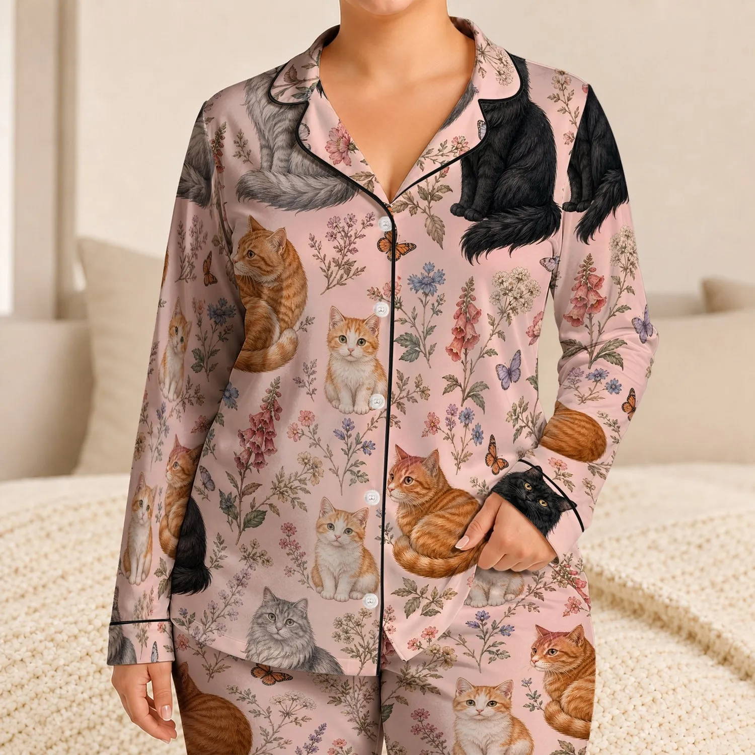 Vintage Botanical Cat Motifs For Cozy Home Evenings, Gift For Cat Lovers And Friends Satin Pajamas Set - 1