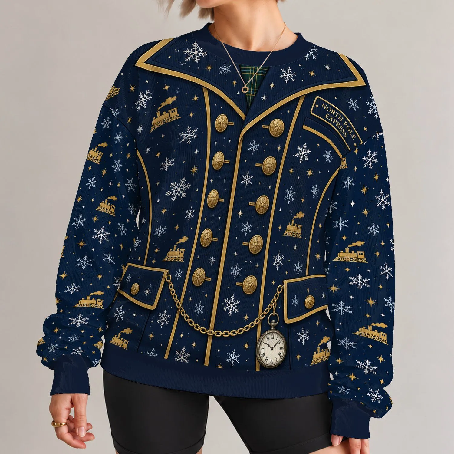 Vintage Train Conductor Uniform Holiday Party Look for Festive Christmas Celebrations All-over Print Knitted Sweater - 1