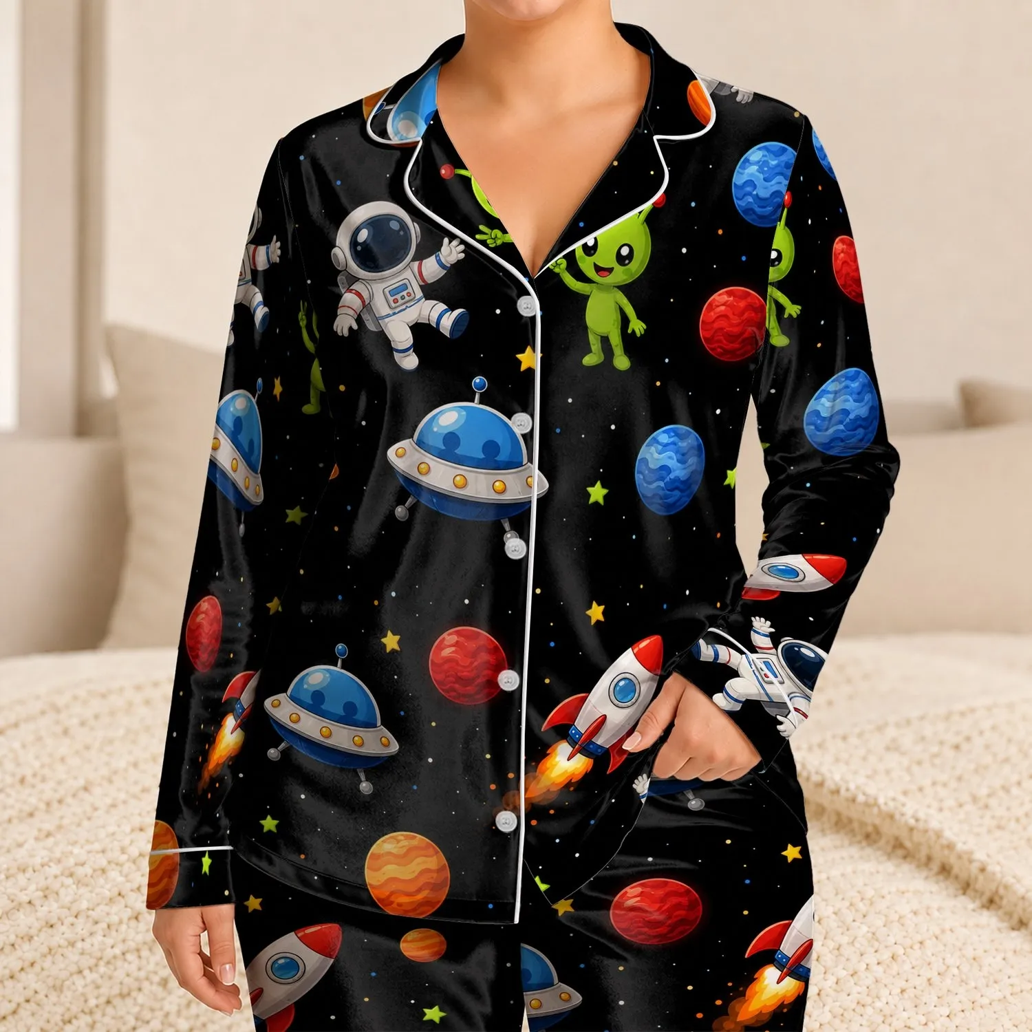Space Aliens, Rockets And Astronauts Bedtime Wear For Kids, Cozy Gift For Boys At Home Satin Pajamas Set - 1