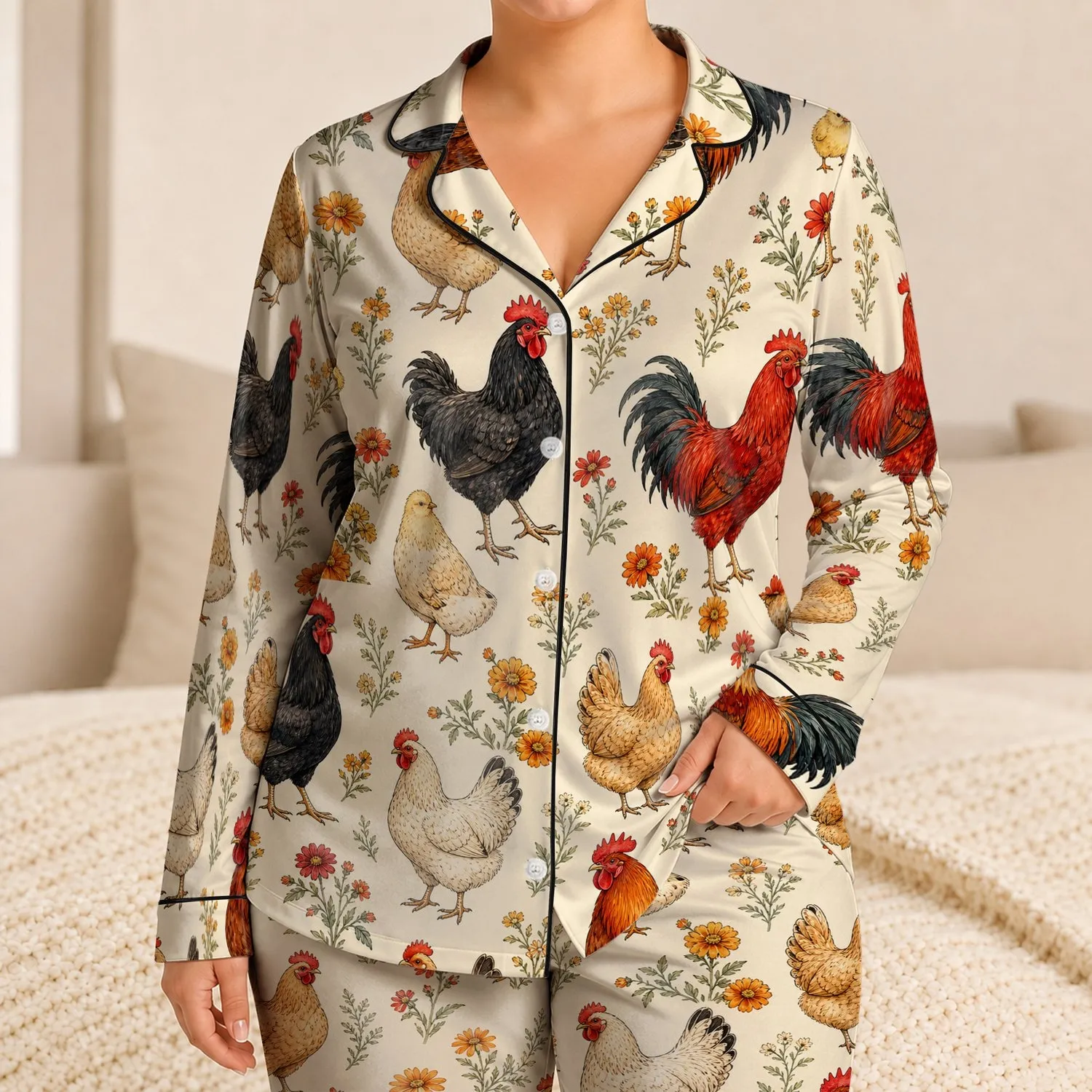 Farmhouse Rooster And Hen Charm For Cozy Cottage Mornings And Relaxed Evenings Women Satin Pajamas Set - 1