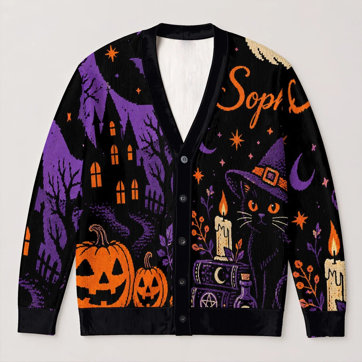 Halloween Pumpkins, Haunted House And Ghosts For Spooky Fall October Nights All-over Print Knitted Cardigan - 1