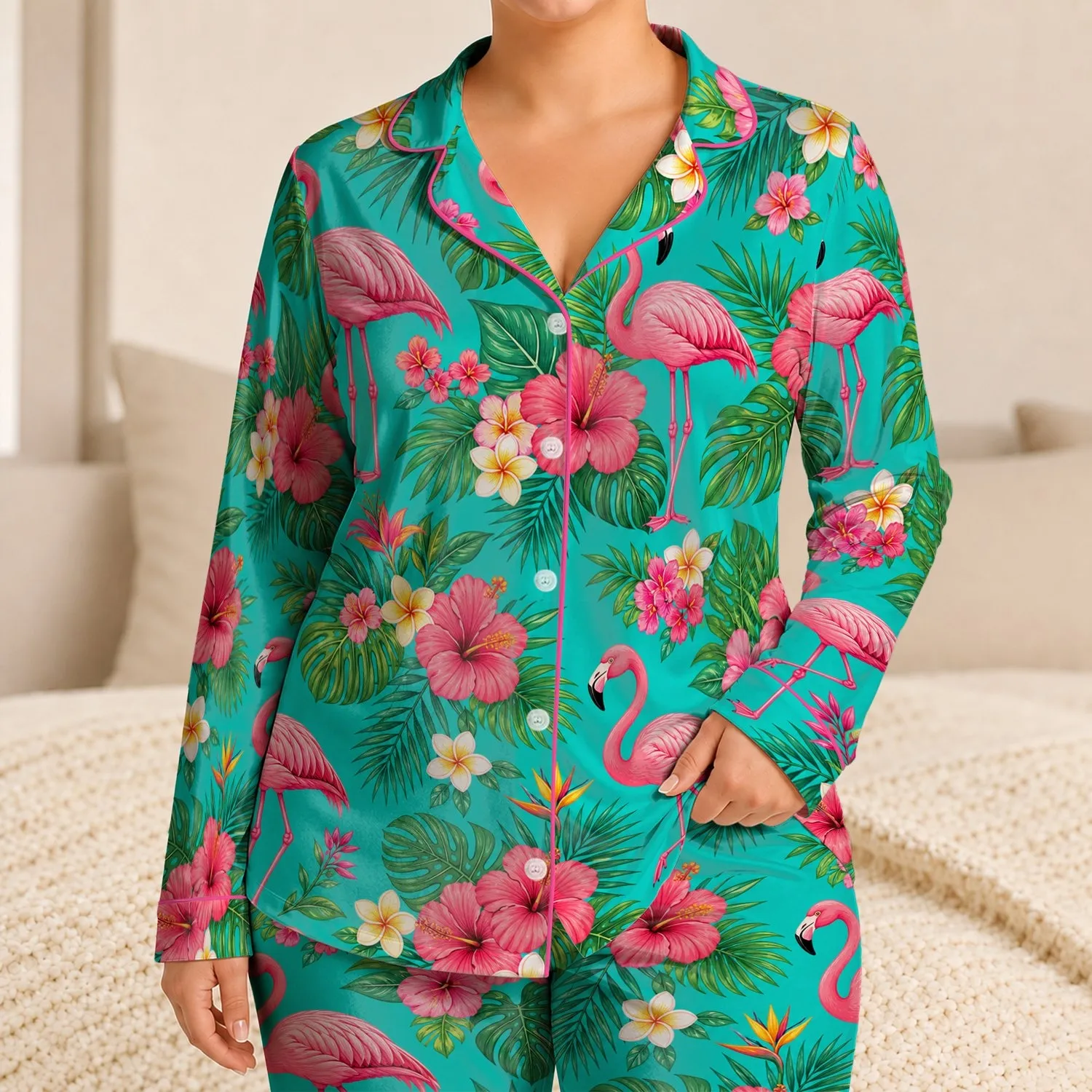 Tropical Flamingo Blooms For Summer Resort Evenings Beach Getaways And Poolside For Women Satin Pajamas Set - 1