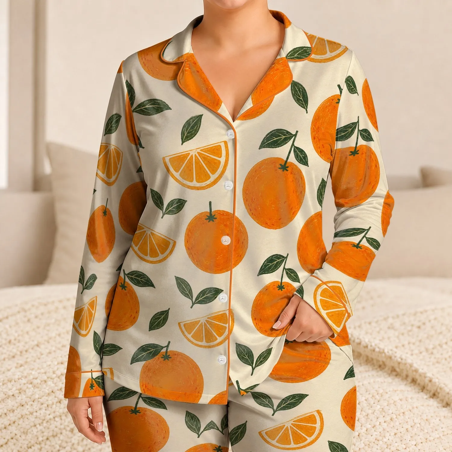 Tangerine Citrus Motif For Cozy Evenings And Thoughtful Gifts For Women At Home Satin Pajamas Set - 1