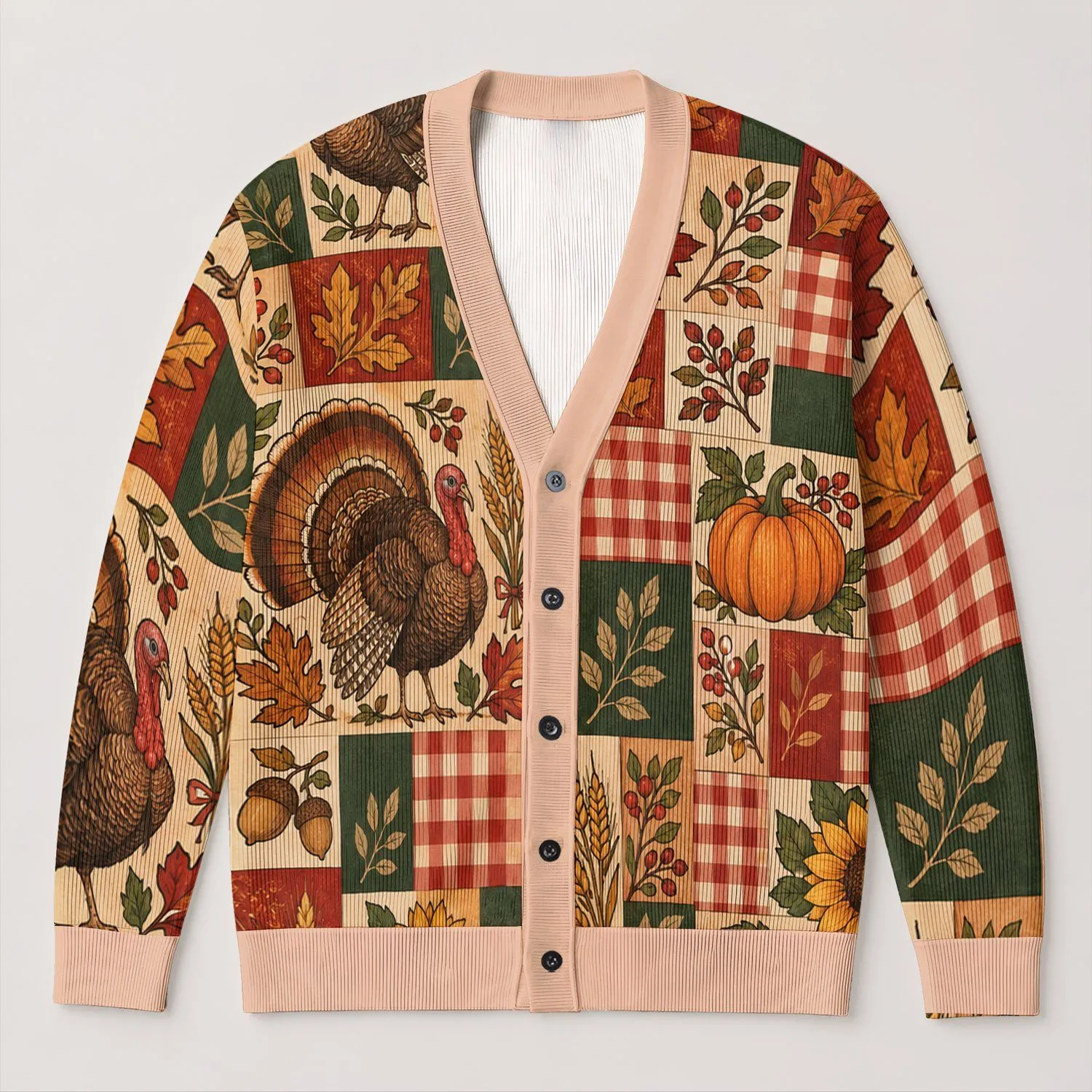 Pumpkins, Turkeys and Autumn Patchwork for Cozy Fall Harvest Gatherings All-over Print Knitted Cardigan - 1