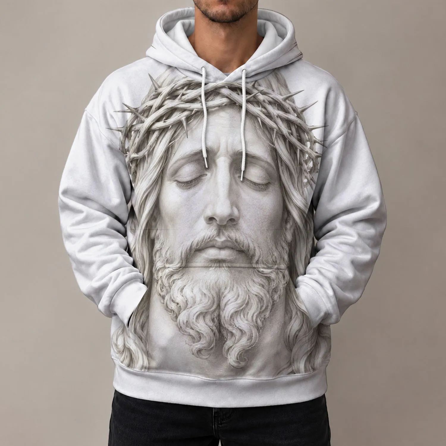 Monochrome Crown Of Thorns Portrait For Quiet Faith And Everyday Spiritual Lifestyle All-over Print Hoodie (Lightweight) - 1