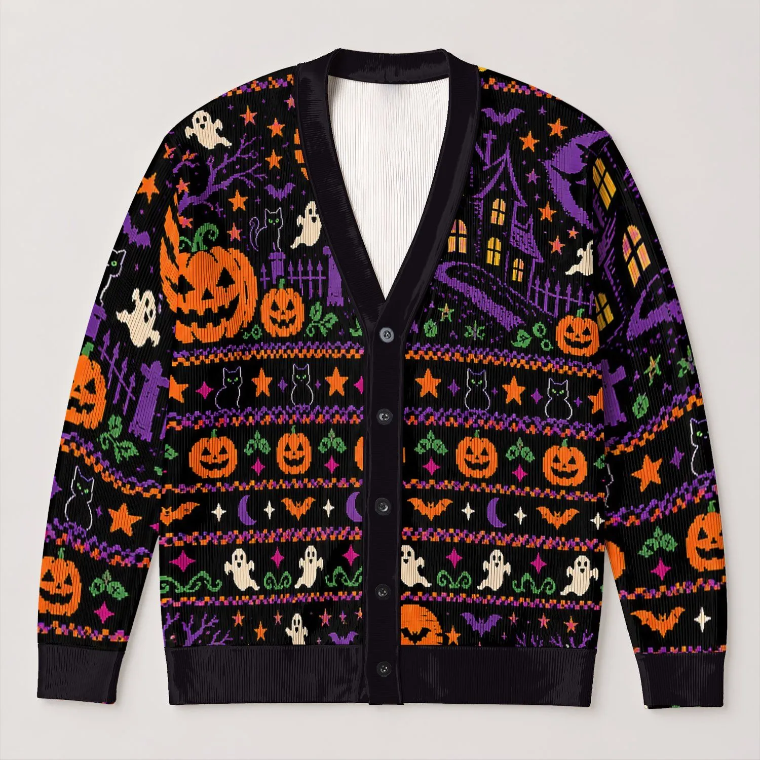 Retro Halloween Pumpkins and Ghosts for Spooky Trick or Treat Nights All-over Print Knitted Cardigan - 1