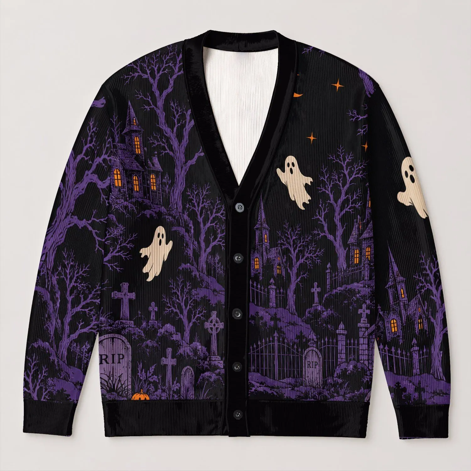 Halloween Ghosts and Pumpkins for Spooky Season and Autumn Nights All-over Print Knitted Cardigan - 1