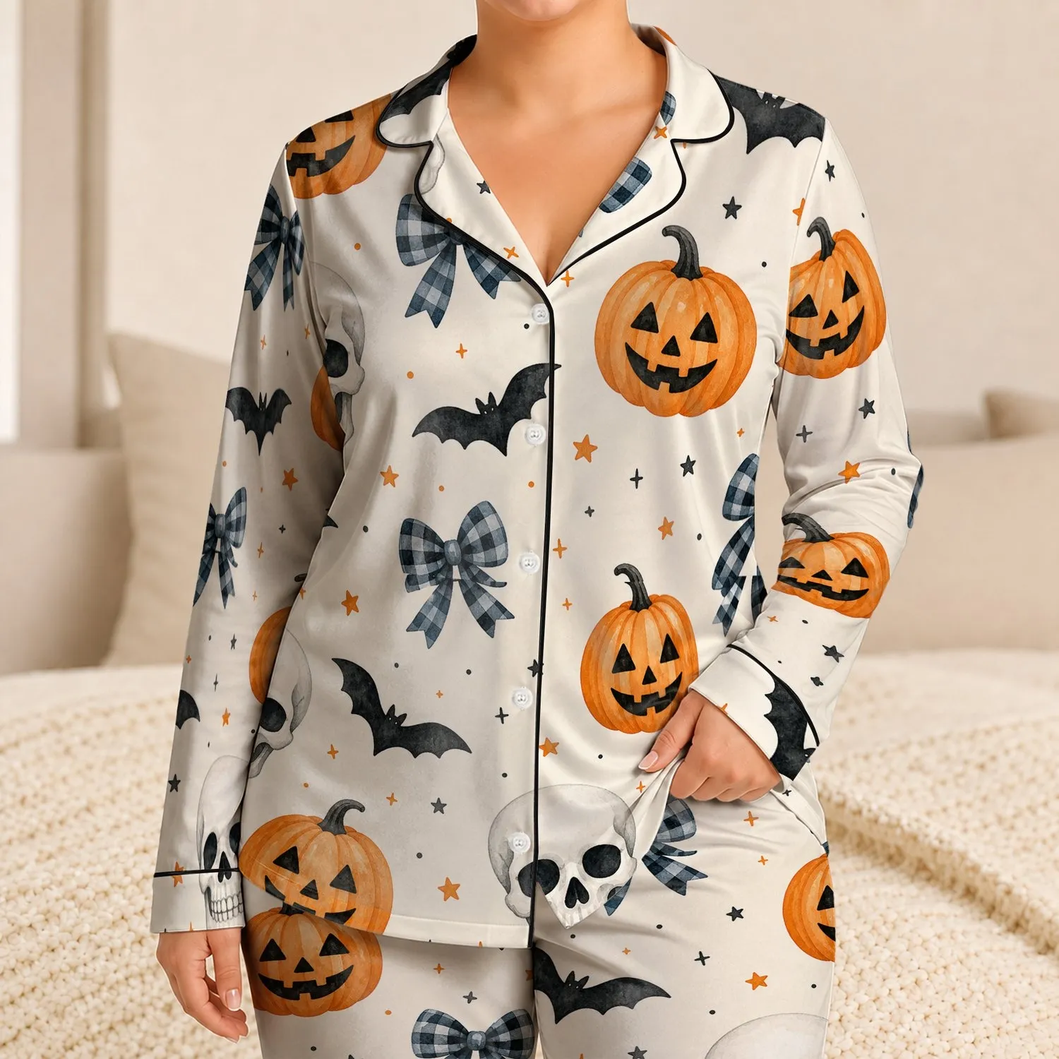 Halloween Skull And Pumpkin Bat Motifs For Cozy Fall Nights And Gift Giving For Women Satin Pajamas Set - 1
