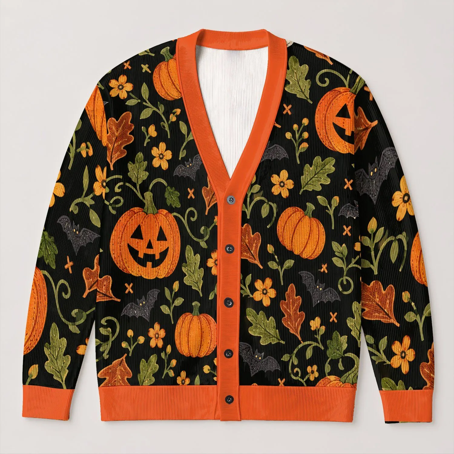 Pumpkin Ghost and Jack O Lanterns for Halloween Harvest Season and Fall Outings All-over Print Knitted Cardigan - 1