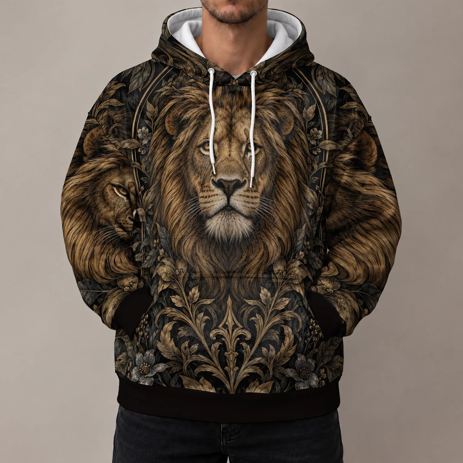 Golden Lion and Botanical Flourishes for Bold Everyday Wear and Vintage Animal Style All-over Print Hoodie (Lightweight) - 1