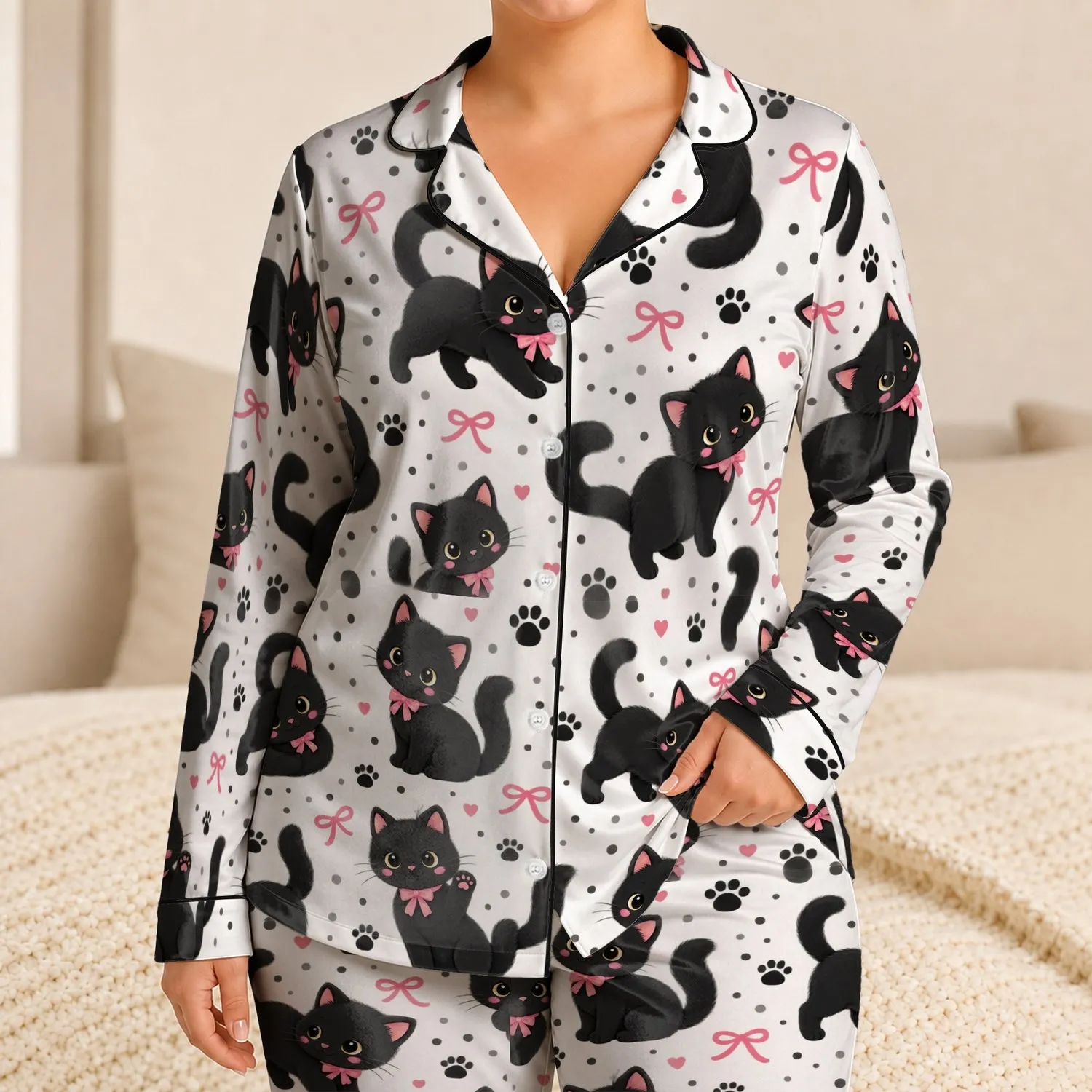 Cute Black Cat Bow Scatter for Cozy Bedtime Loungewear Gift Idea for Cat Lovers Style Satin Pajamas Set - 1