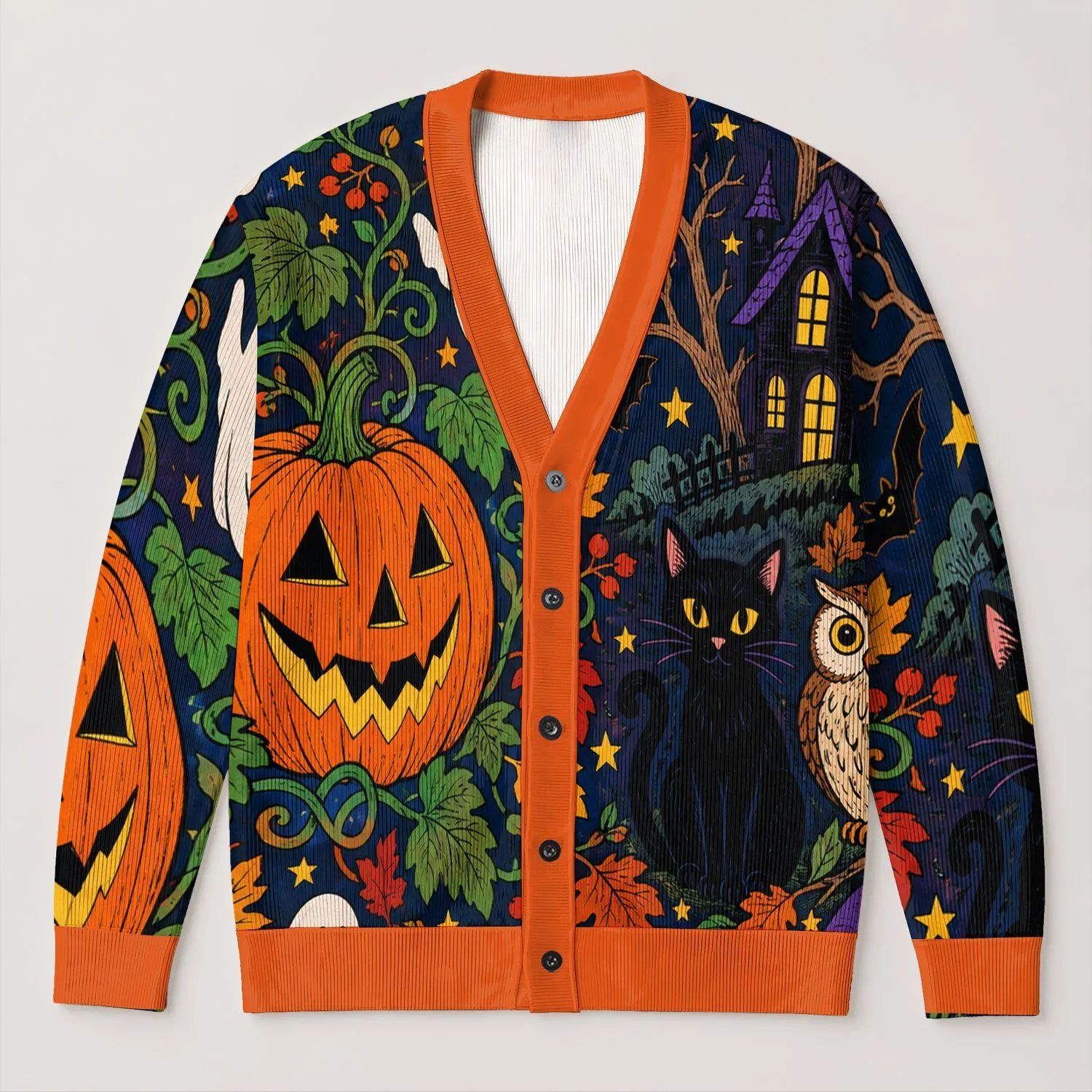 Black Cat Halloween Night Scene for Spooky Autumn Celebrations and Fall Gatherings All-over Print Knitted Cardigan - 1
