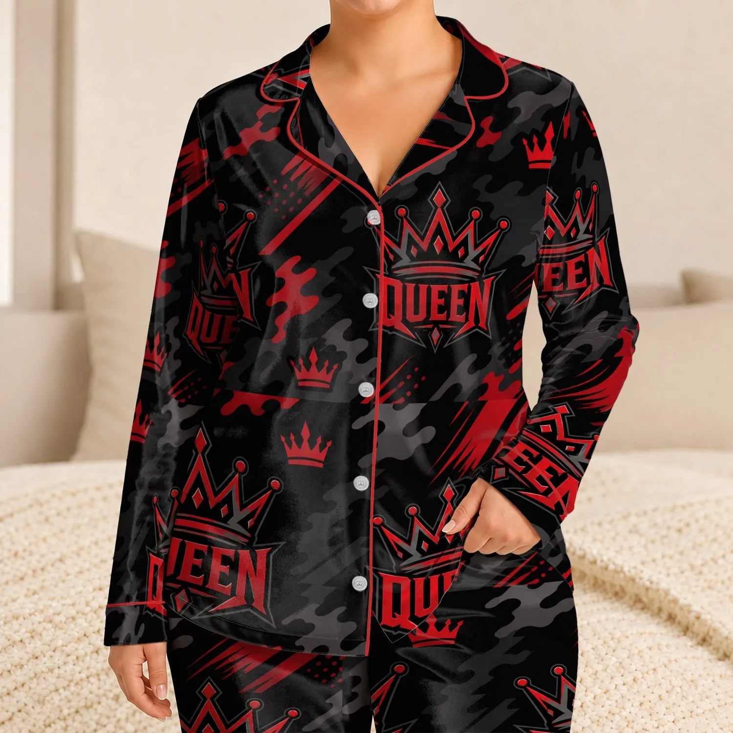 Bold Queen Crown Camo Street Style For Cozy Nights, Lounge Looks, And Women Daily Satin Pajamas Set - 1