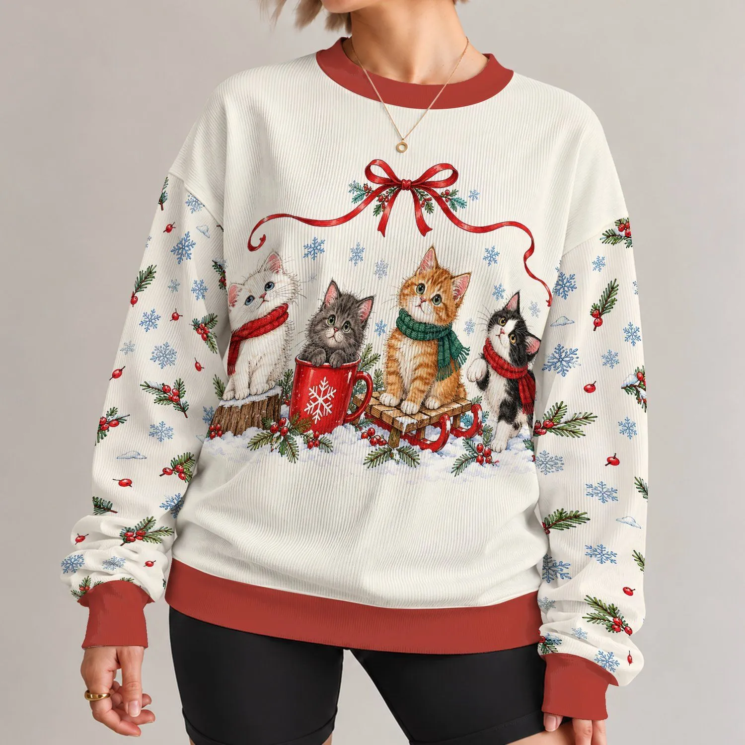 Four Festive Cats with Snowflakes for Christmas Gatherings and Cozy Winter Days All-over Print Knitted Sweater - 1