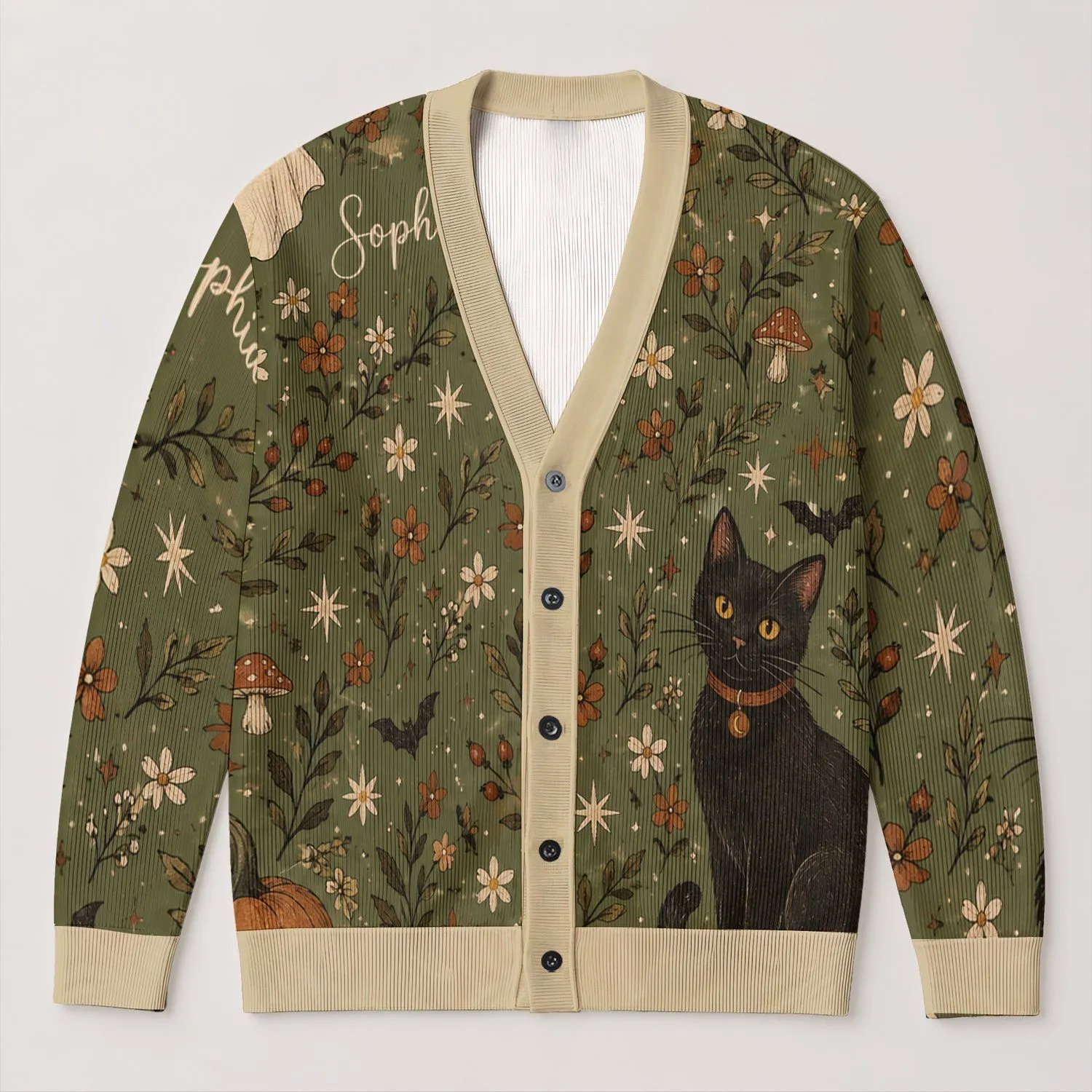 Black Cat and Ghost Halloween Folk Art for Cozy Autumn Witchy Style All-over Print Knitted Cardigan - 1