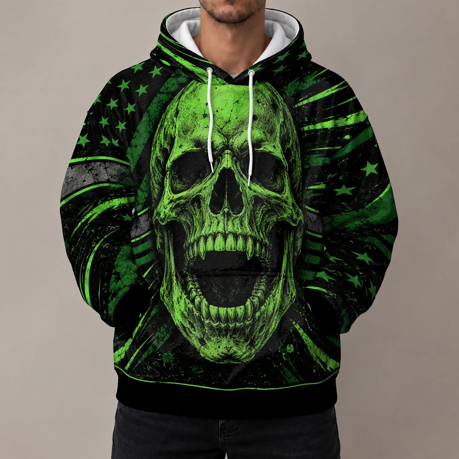 Neon Green Grinning Skull With Safety Stripes for Alternative Streetwear Fans All-over Print Hoodie (Lightweight) - 1