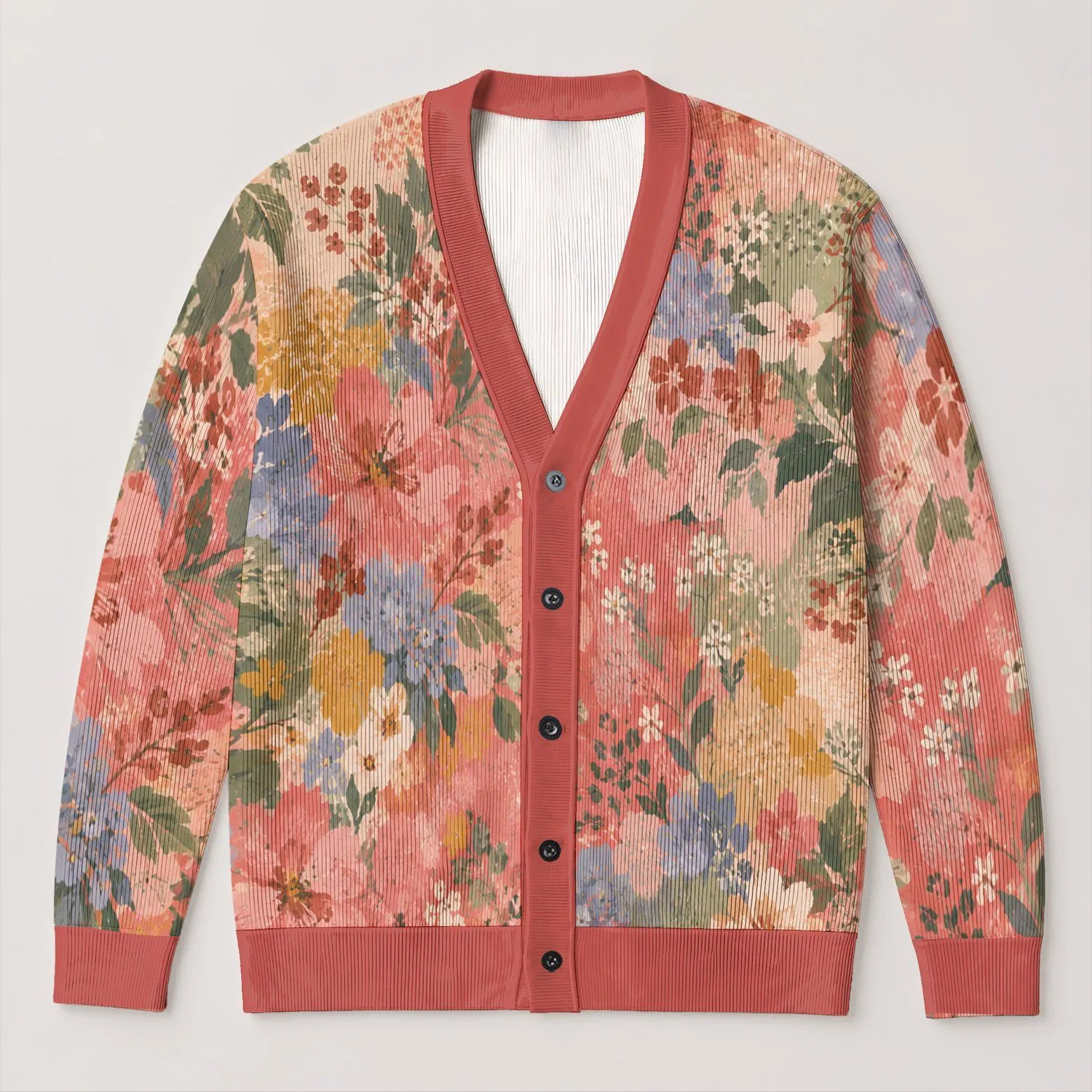 Coral Floral Patchwork Autumn Layering Style For Women Everyday Cozy Wardrobe Look All-over Print Knitted Cardigan - 1