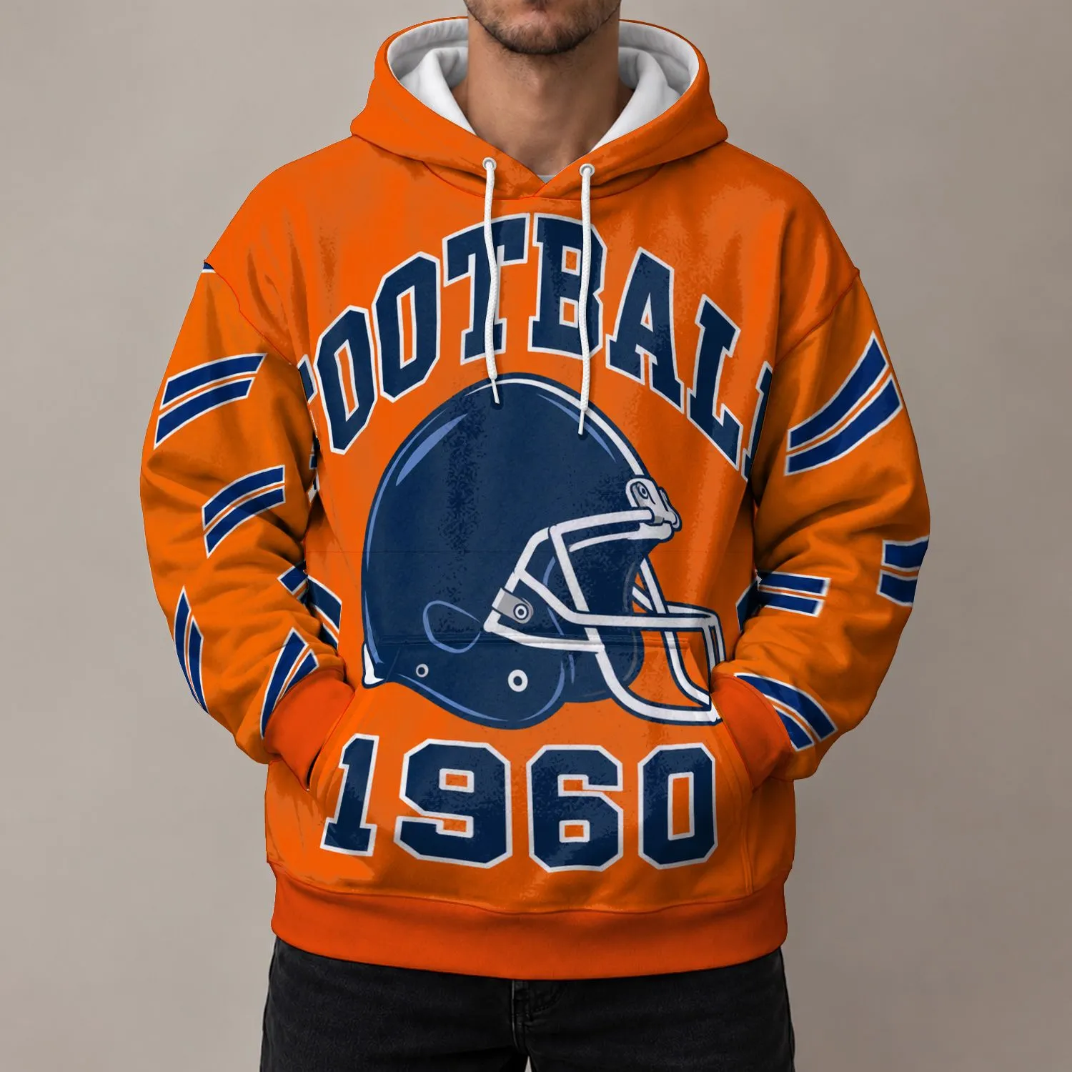 Orange Football Helmet and Navy Stripe Fan Gear for Game Day, Tailgating and Casual Wear All-over Print Hoodie (Lightweight) - 1